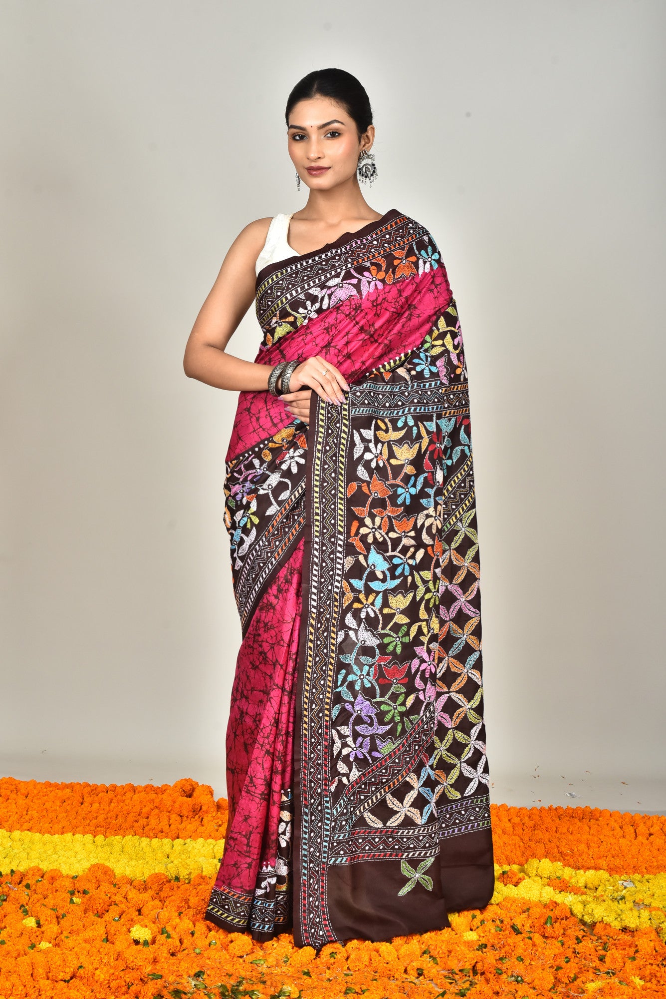 BANGALORE SILK BATIK KANTHA SAREE
