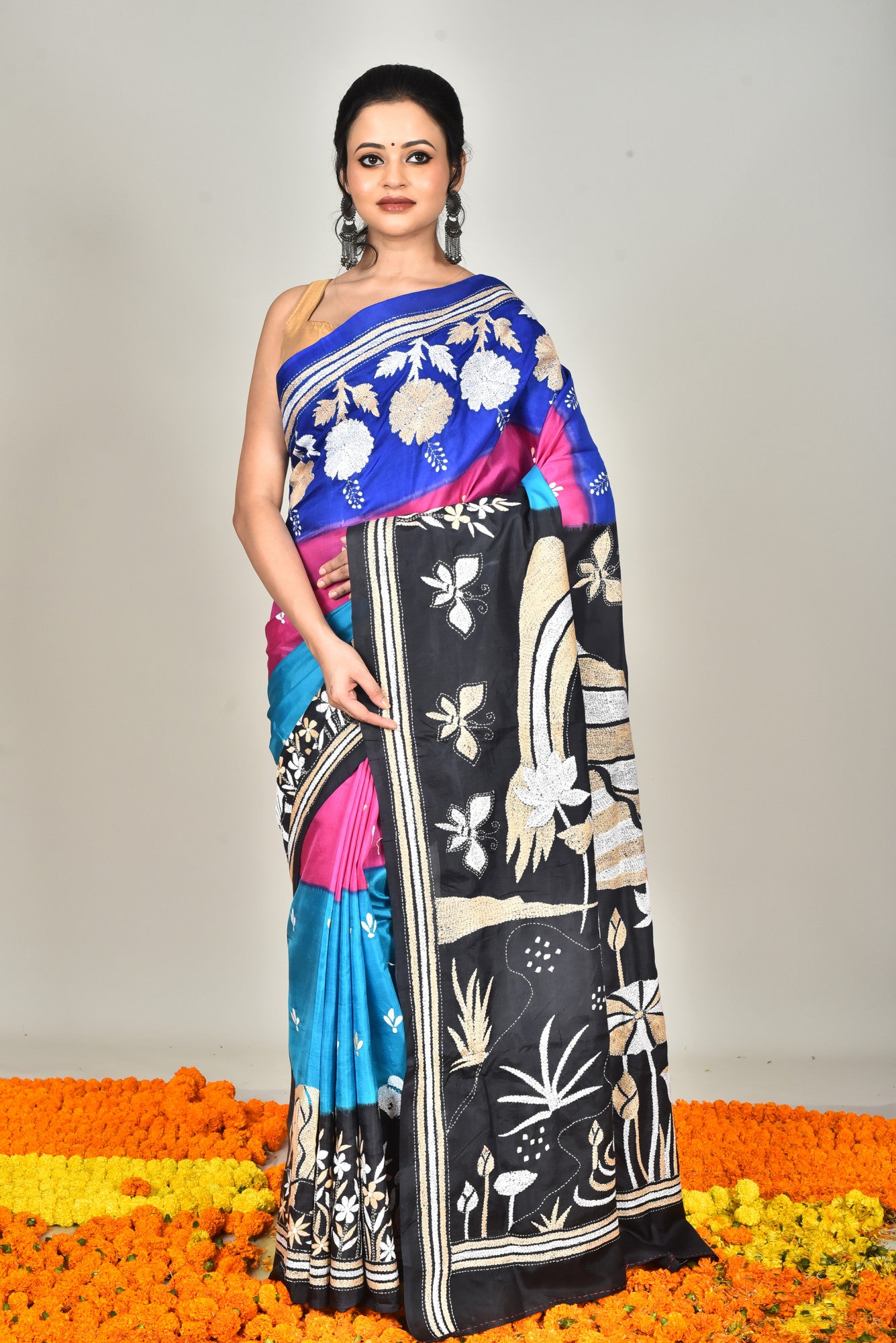 Bangalore Silk Dye Kantha Stitch Saree Multicolor