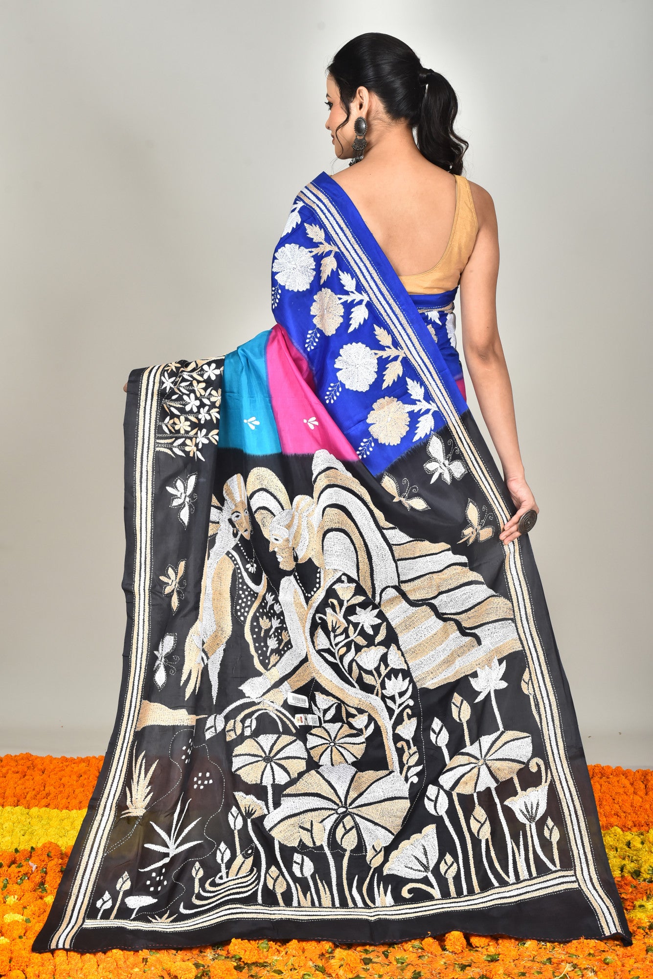 Bangalore Silk Dye Kantha Stitch Saree Multicolor Thumbnail