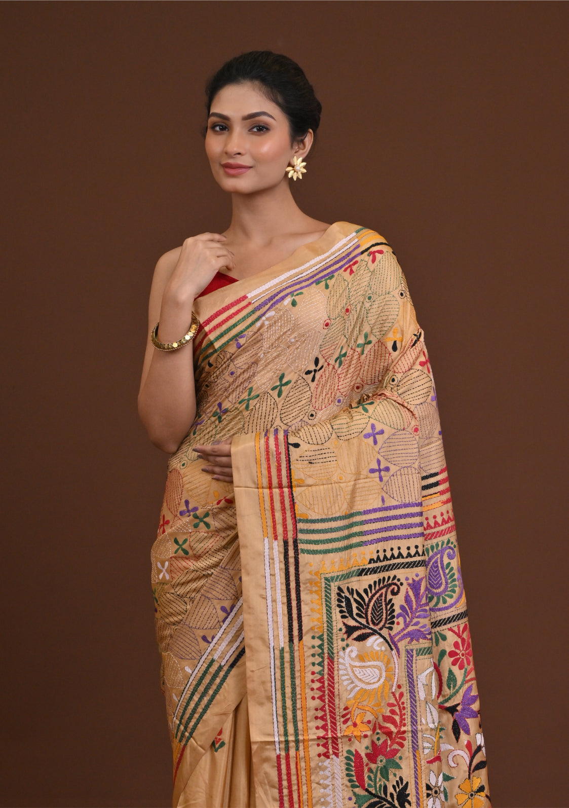 Blended Silk Kantha Saree Beige