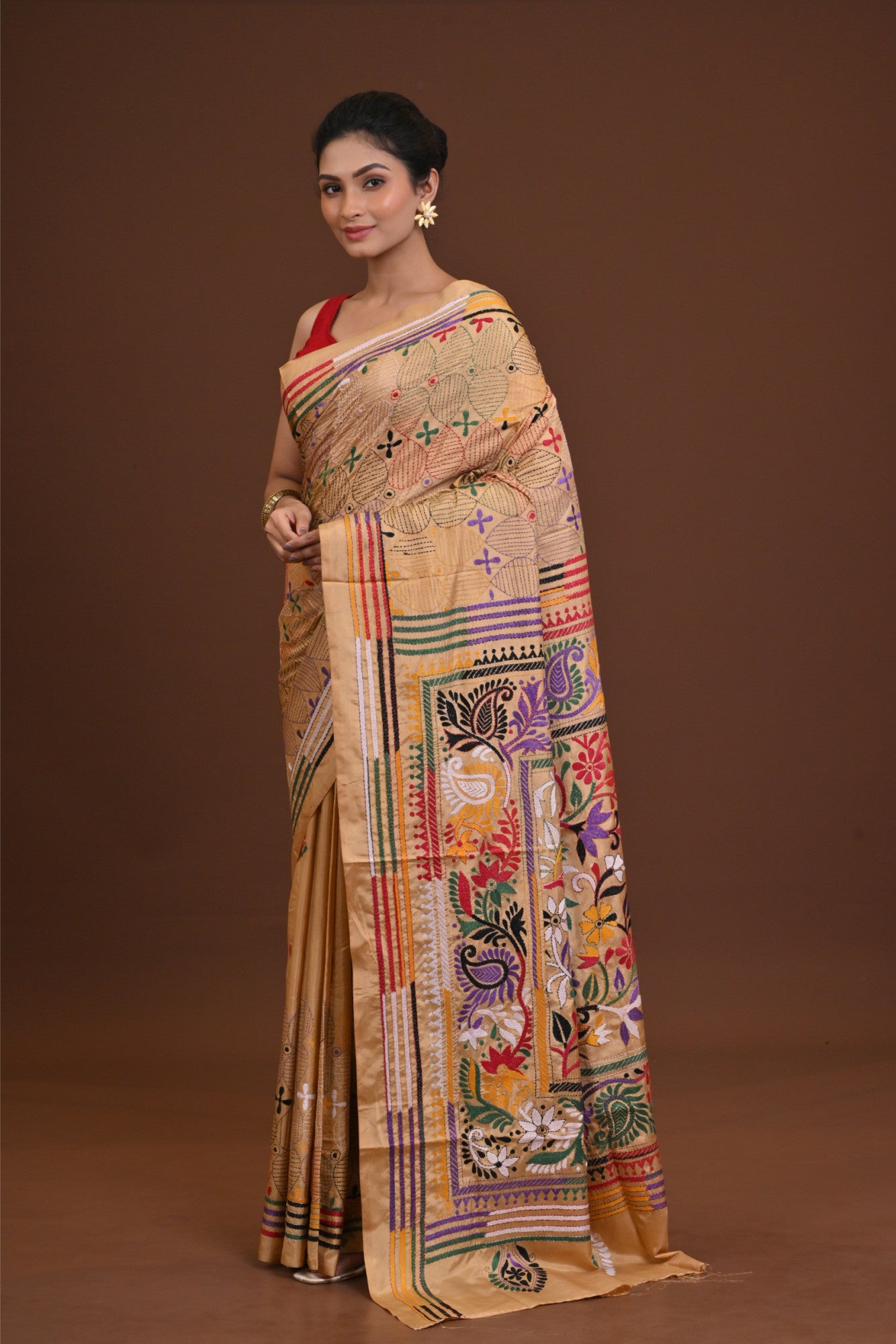 Blended Silk Kantha Saree Beige Thumbnail