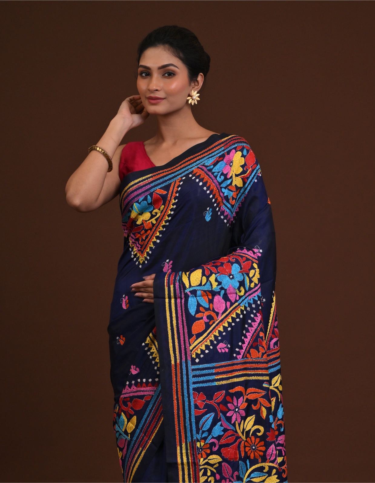 Blended Silk Kantha Saree Navy Blue Thumbnail