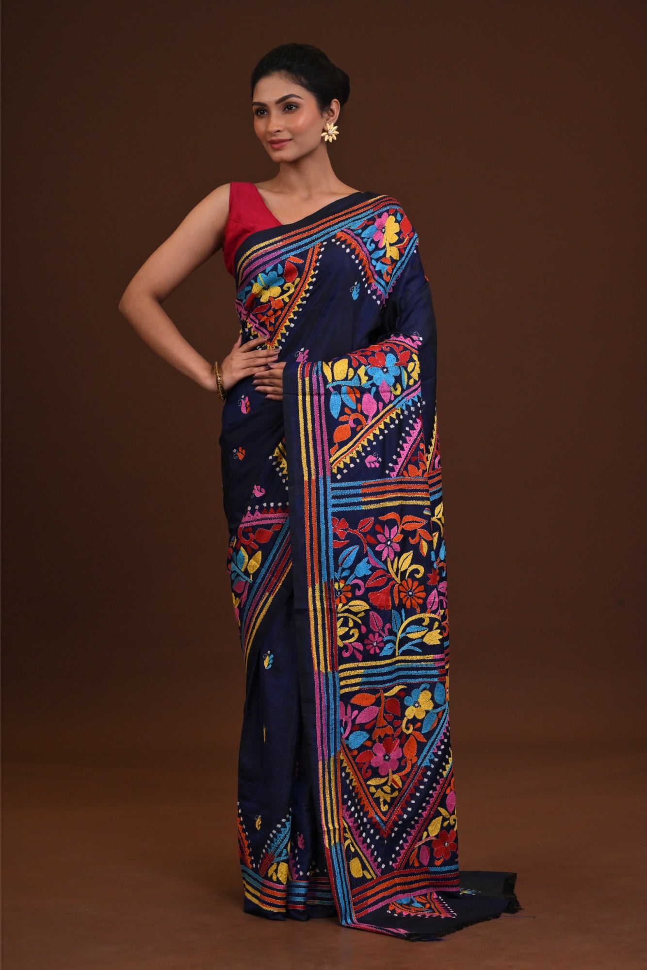 Blended Silk Kantha Saree Navy Blue Thumbnail