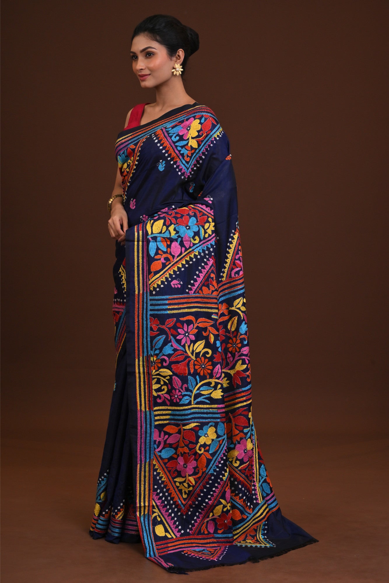 Blended Silk Kantha Saree Navy Blue Thumbnail