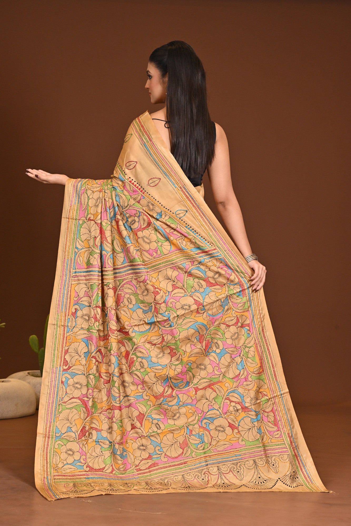 Blended Silk Kantha Stitch Saree Beige Thumbnail