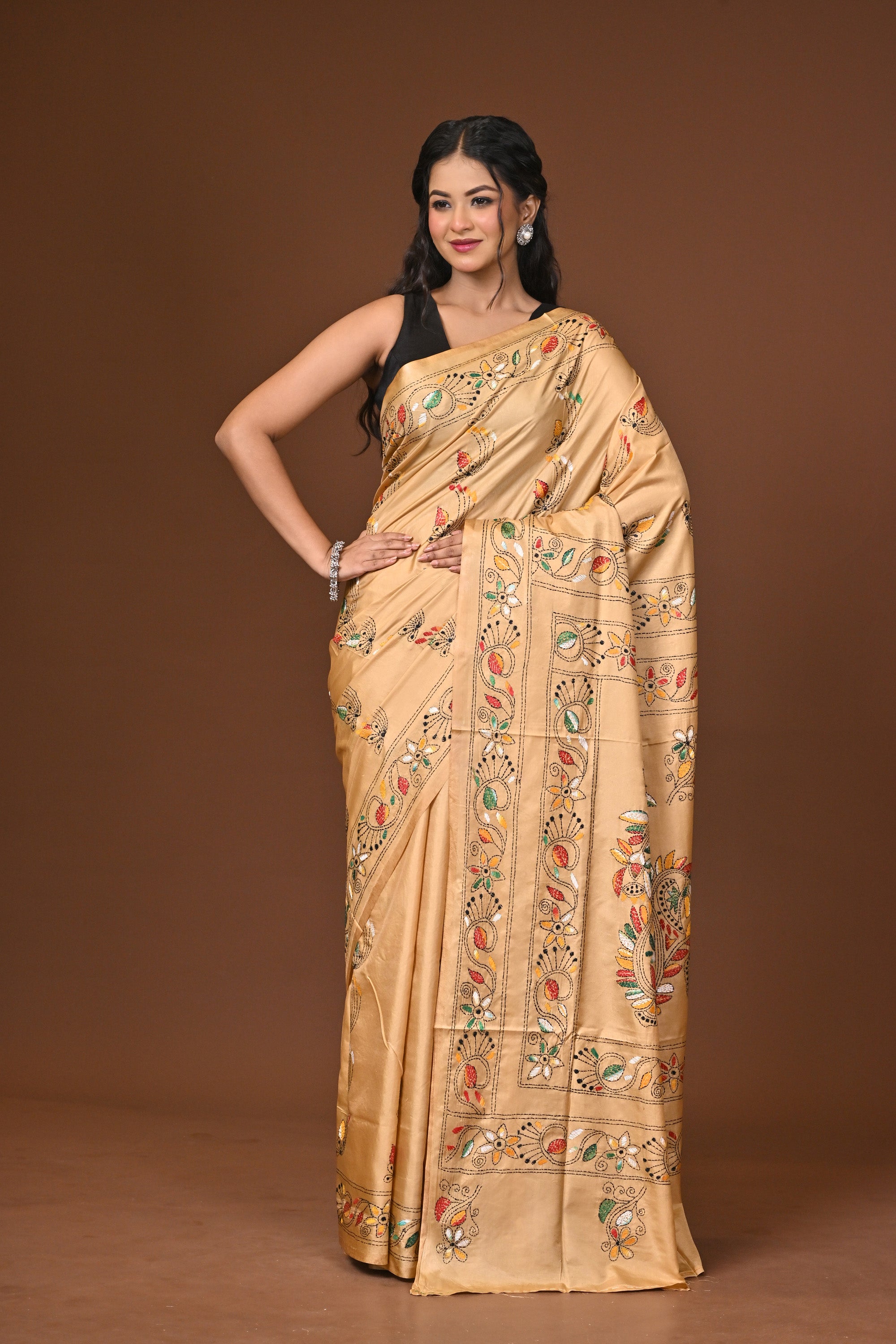 Blended Silk Kantha Stitch Saree Beige Thumbnail