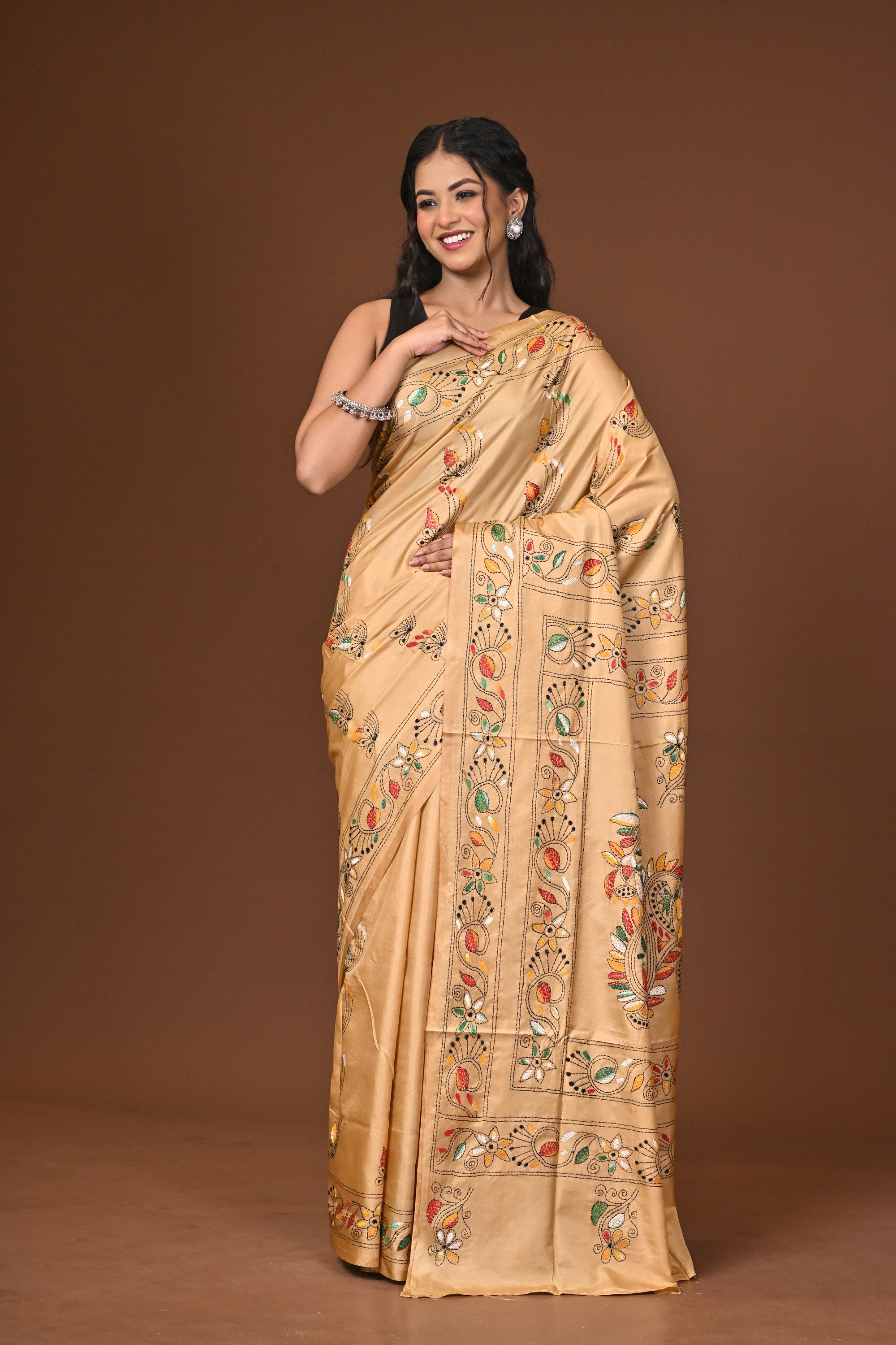 Blended Silk Kantha Stitch Saree Beige Thumbnail
