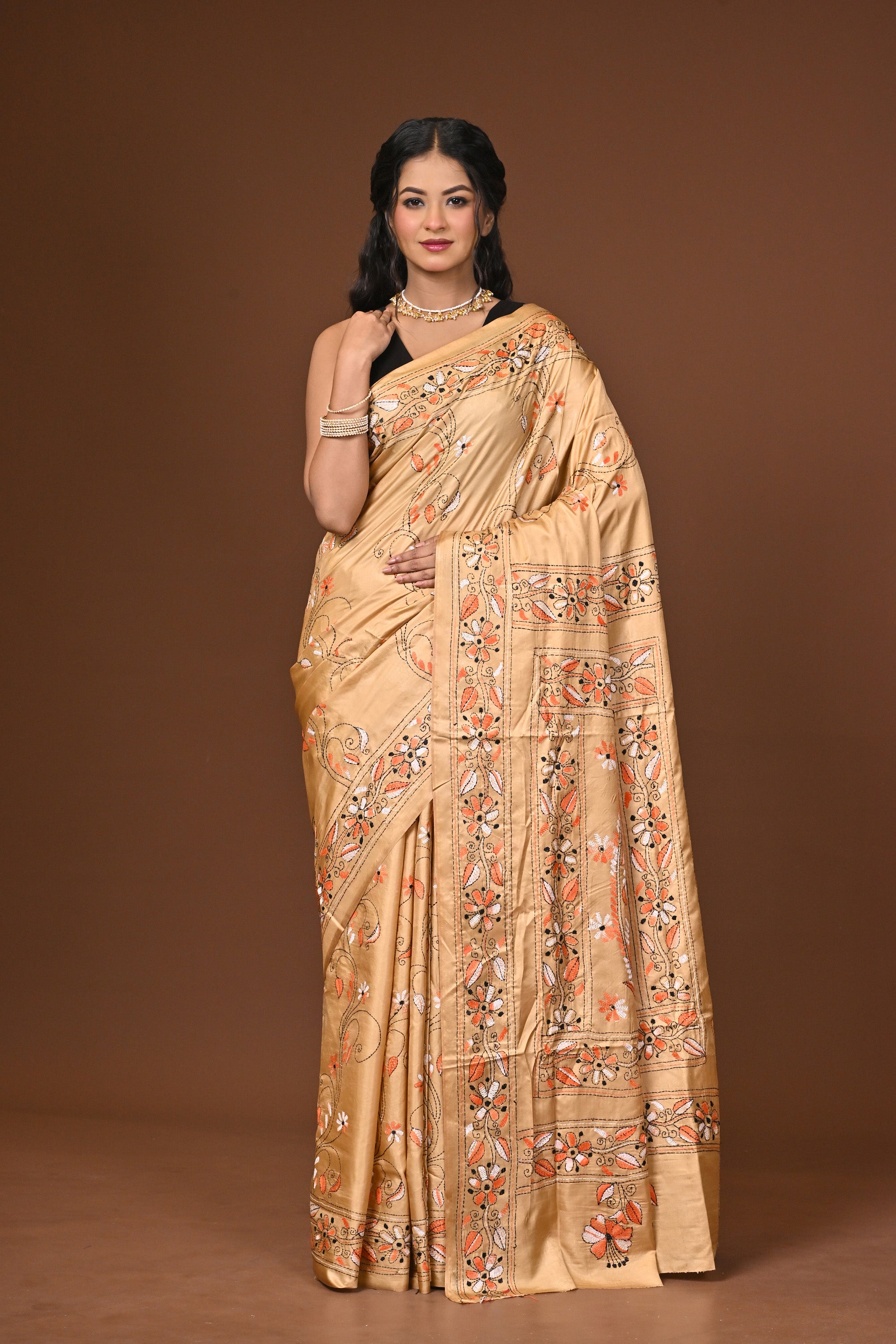 Blended Silk Kantha Stitch Saree Beige Thumbnail
