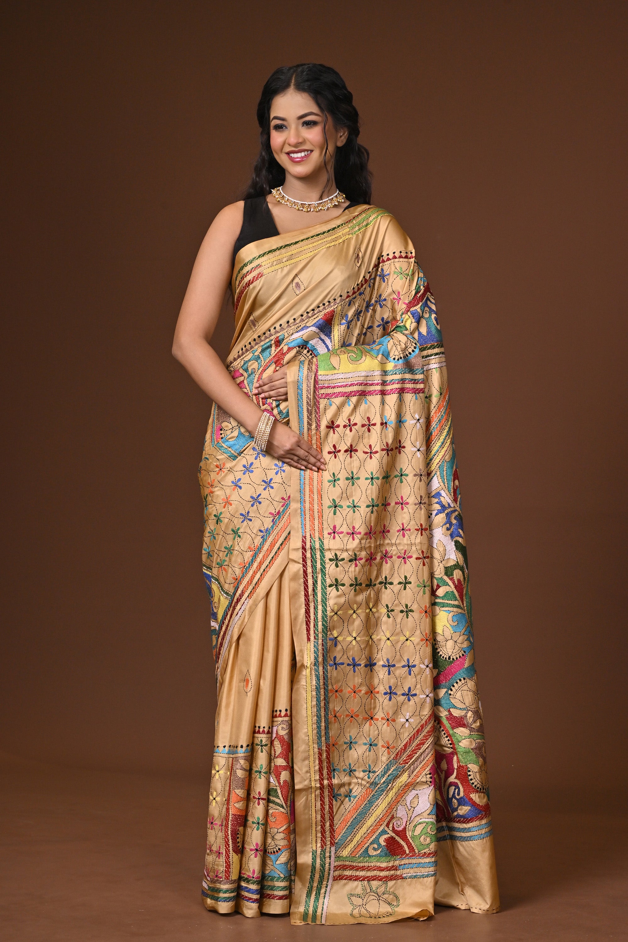 Blended Silk Kantha Stitch Saree Beige Thumbnail