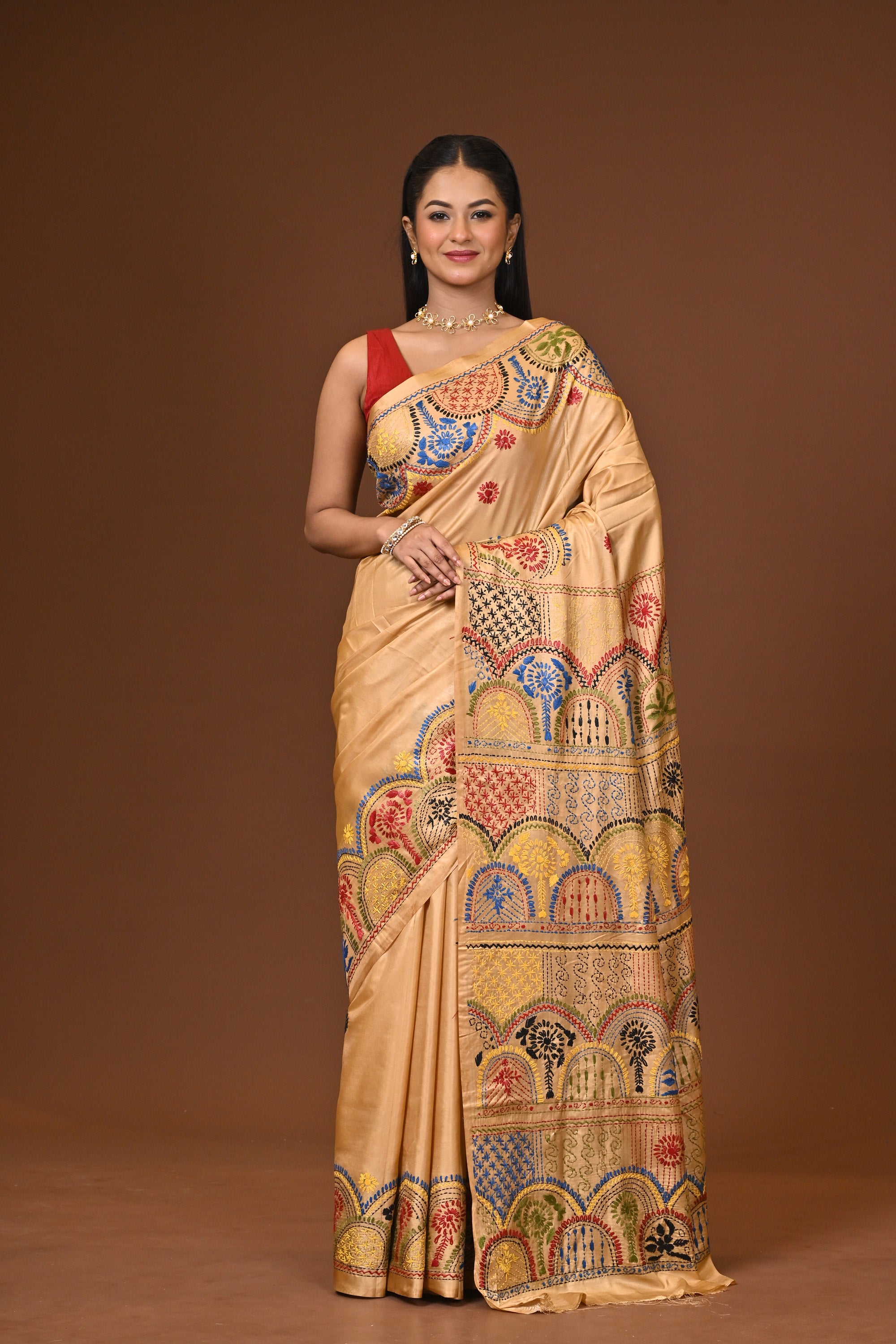 Blended Silk Kantha Stitch Saree Biege