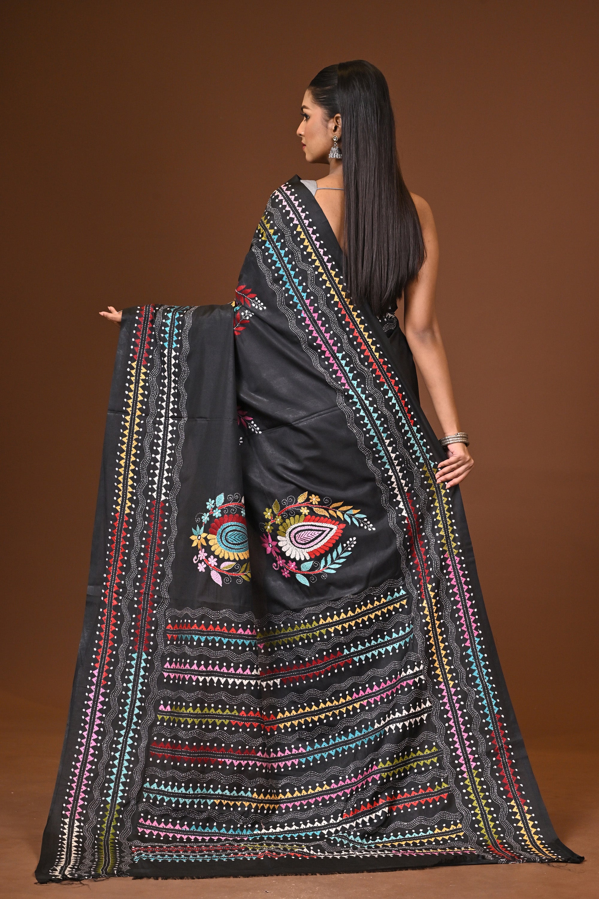 Blended Silk Kantha Stitch Saree Black Thumbnail