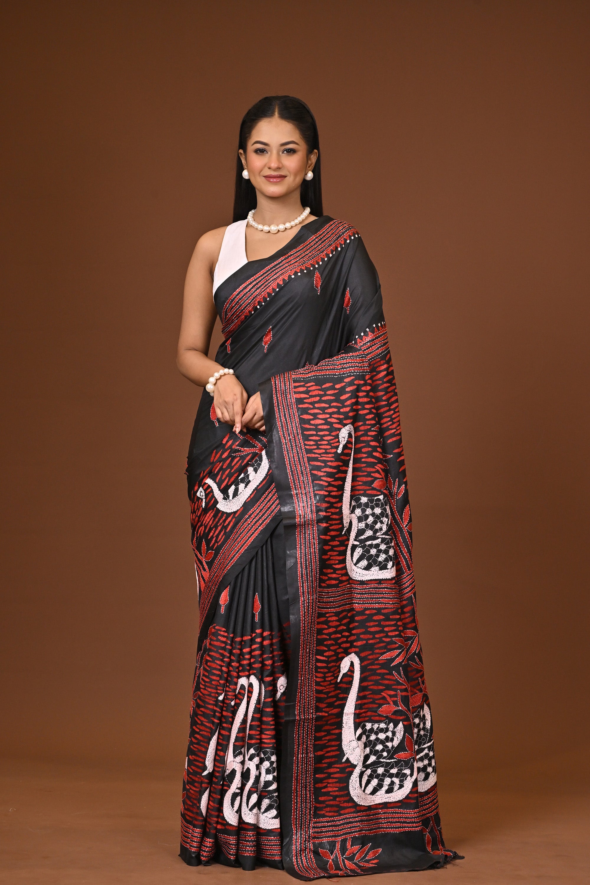 Blended Silk Kantha Stitch Saree Black Thumbnail