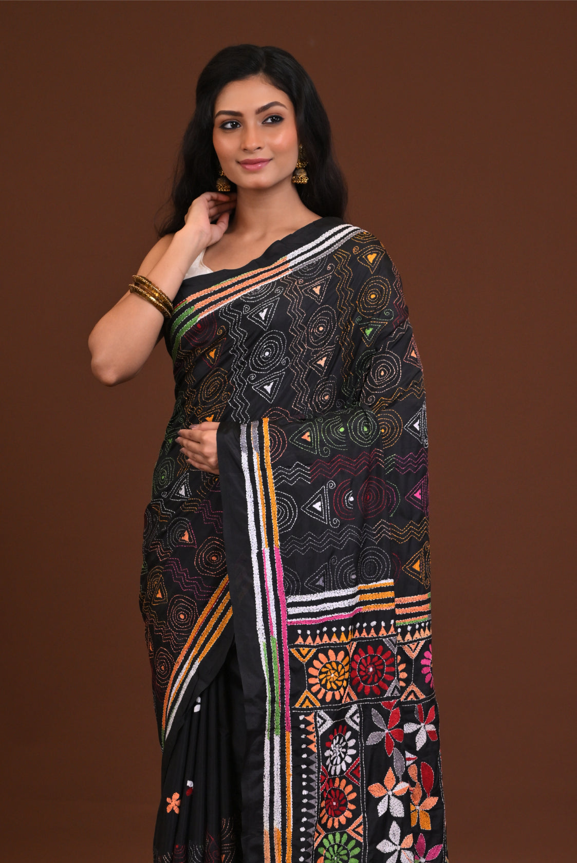 Blended Silk Kantha Stitch Saree Black