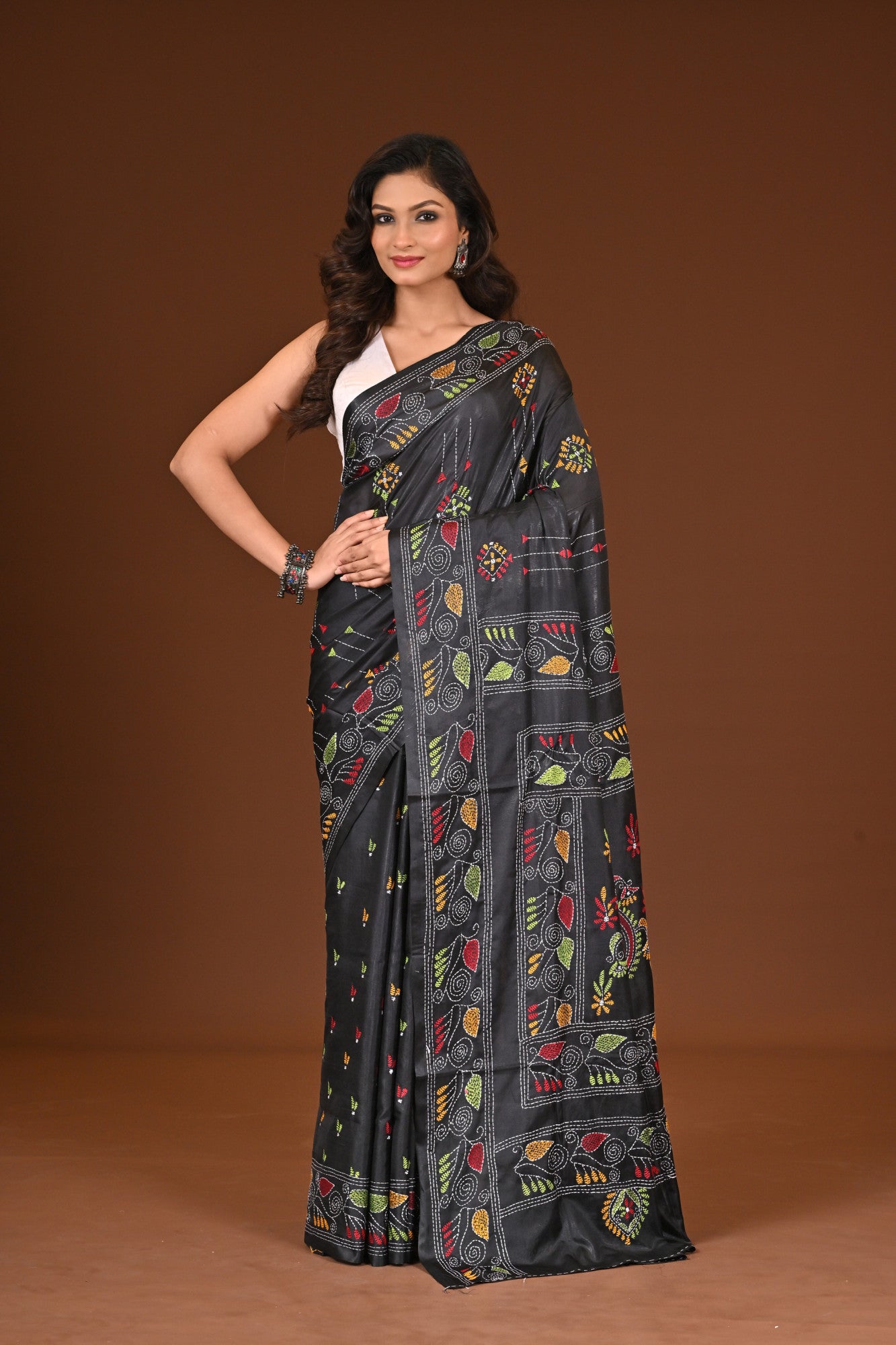 Blended Silk Kantha Stitch Saree Black