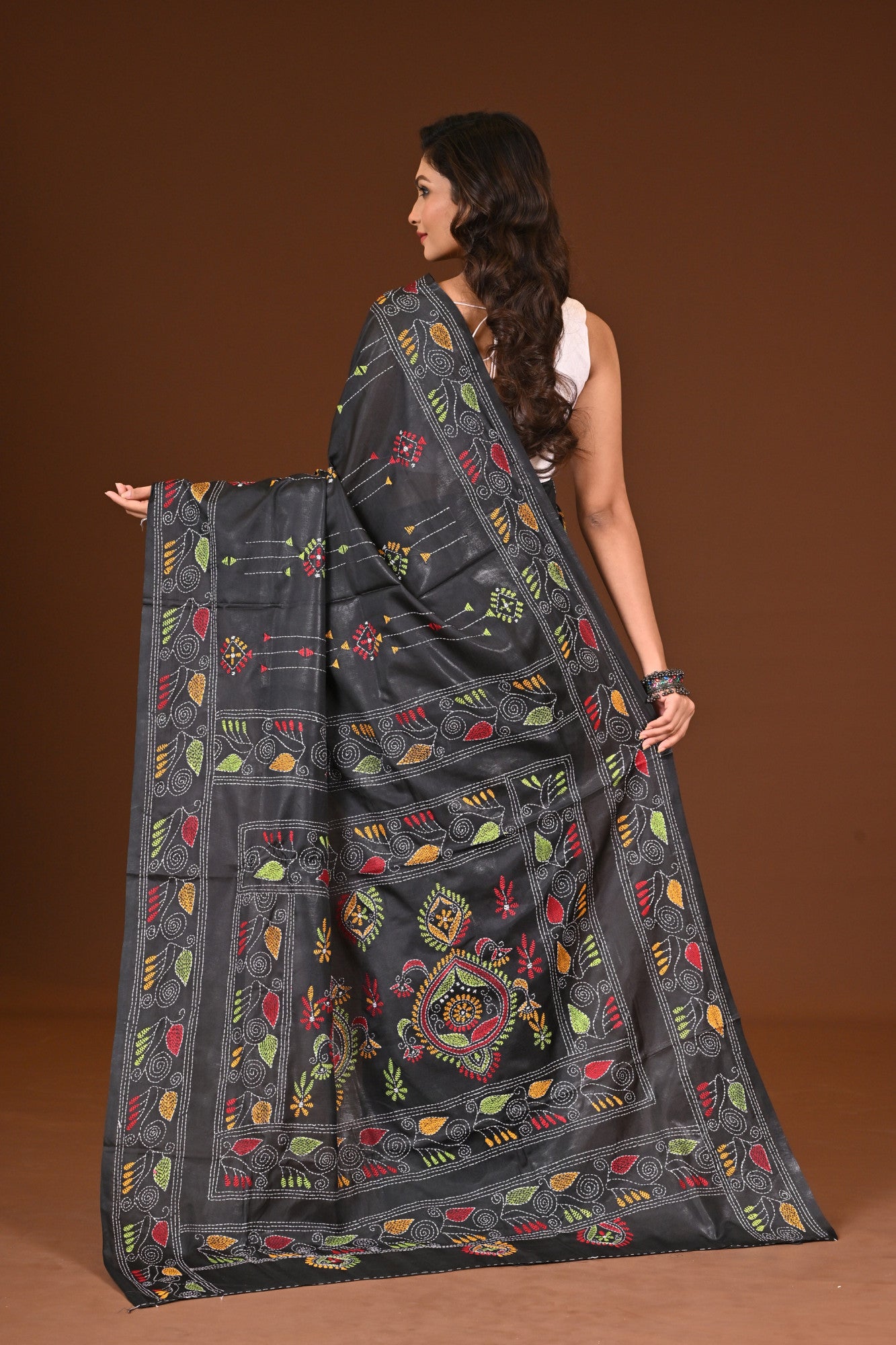 Blended Silk Kantha Stitch Saree Black Thumbnail