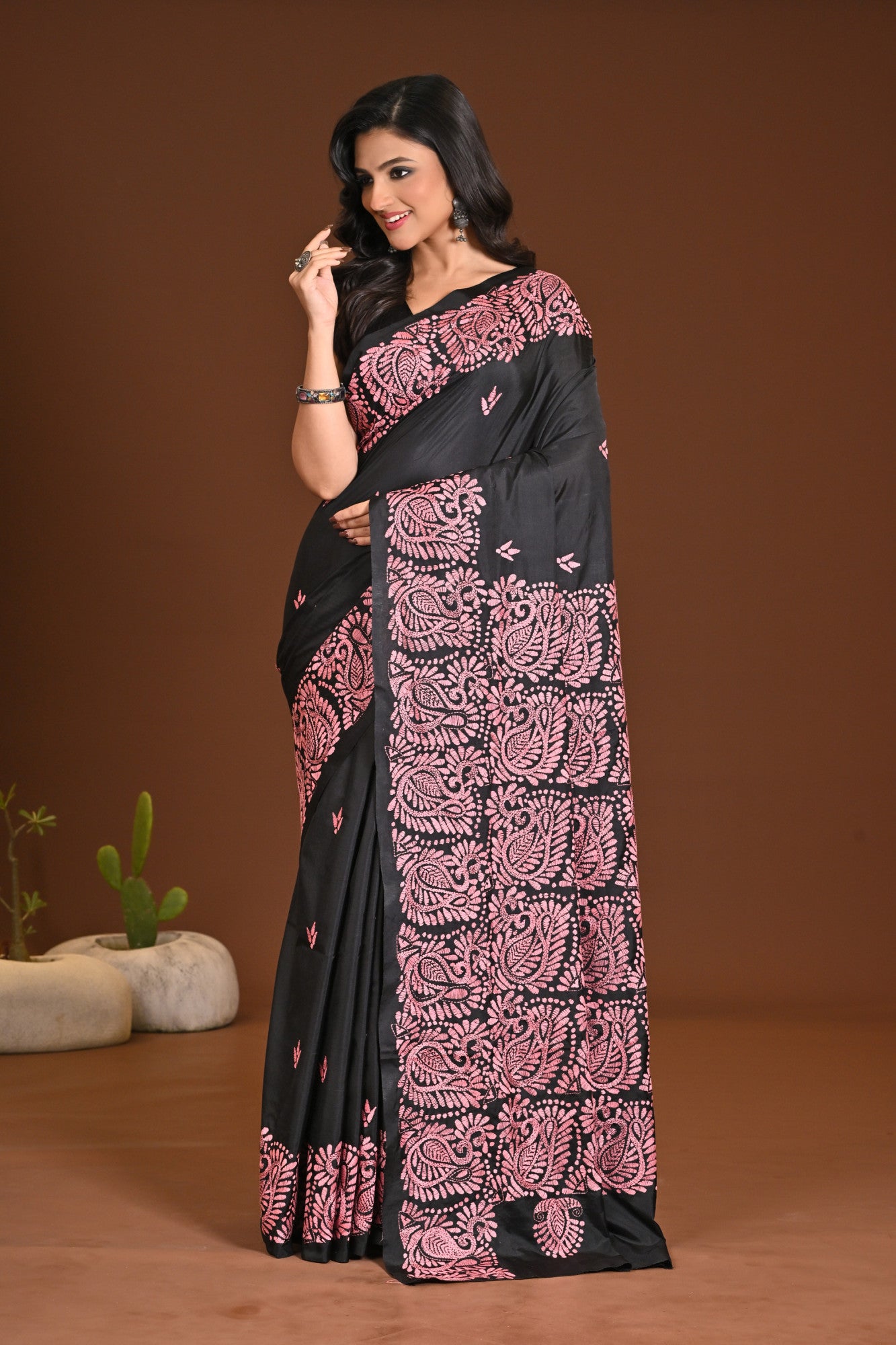 Blended Silk Kantha Stitch Saree Black Thumbnail