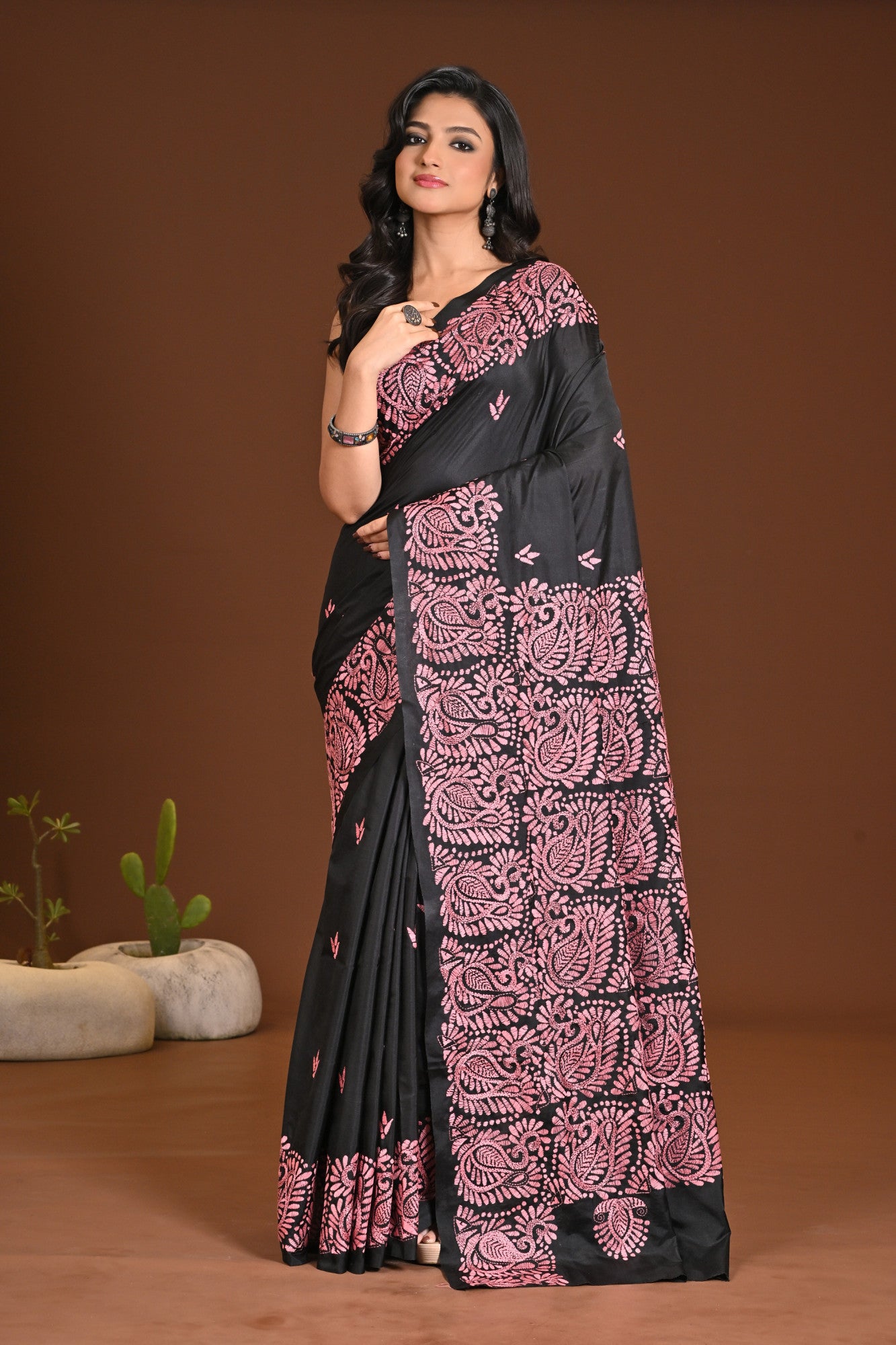 Blended Silk Kantha Stitch Saree Black Thumbnail