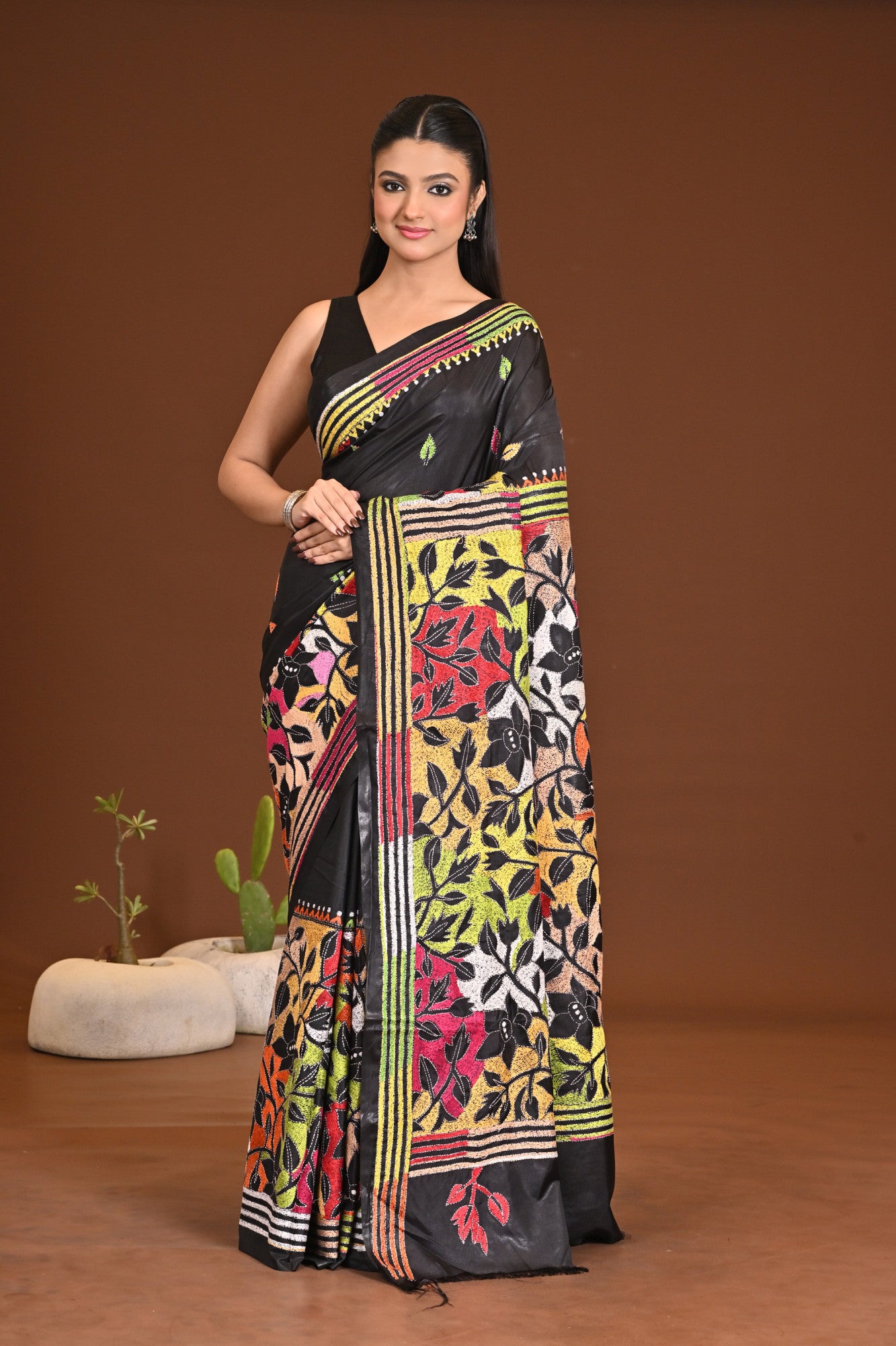 Blended Silk Kantha Stitch Saree Black
