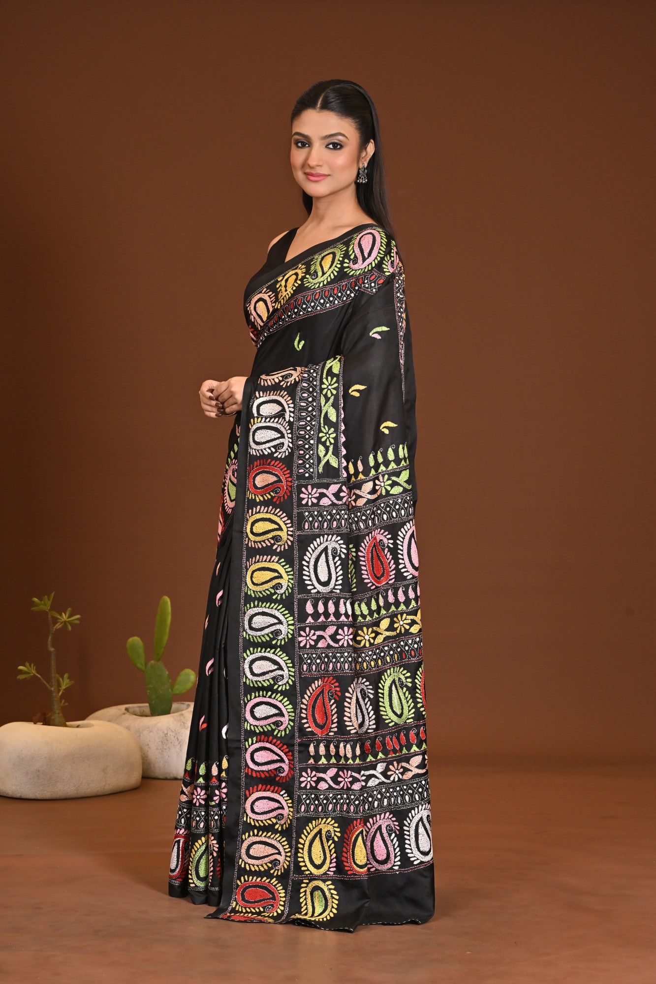 Blended Silk Kantha Stitch Saree Black Thumbnail