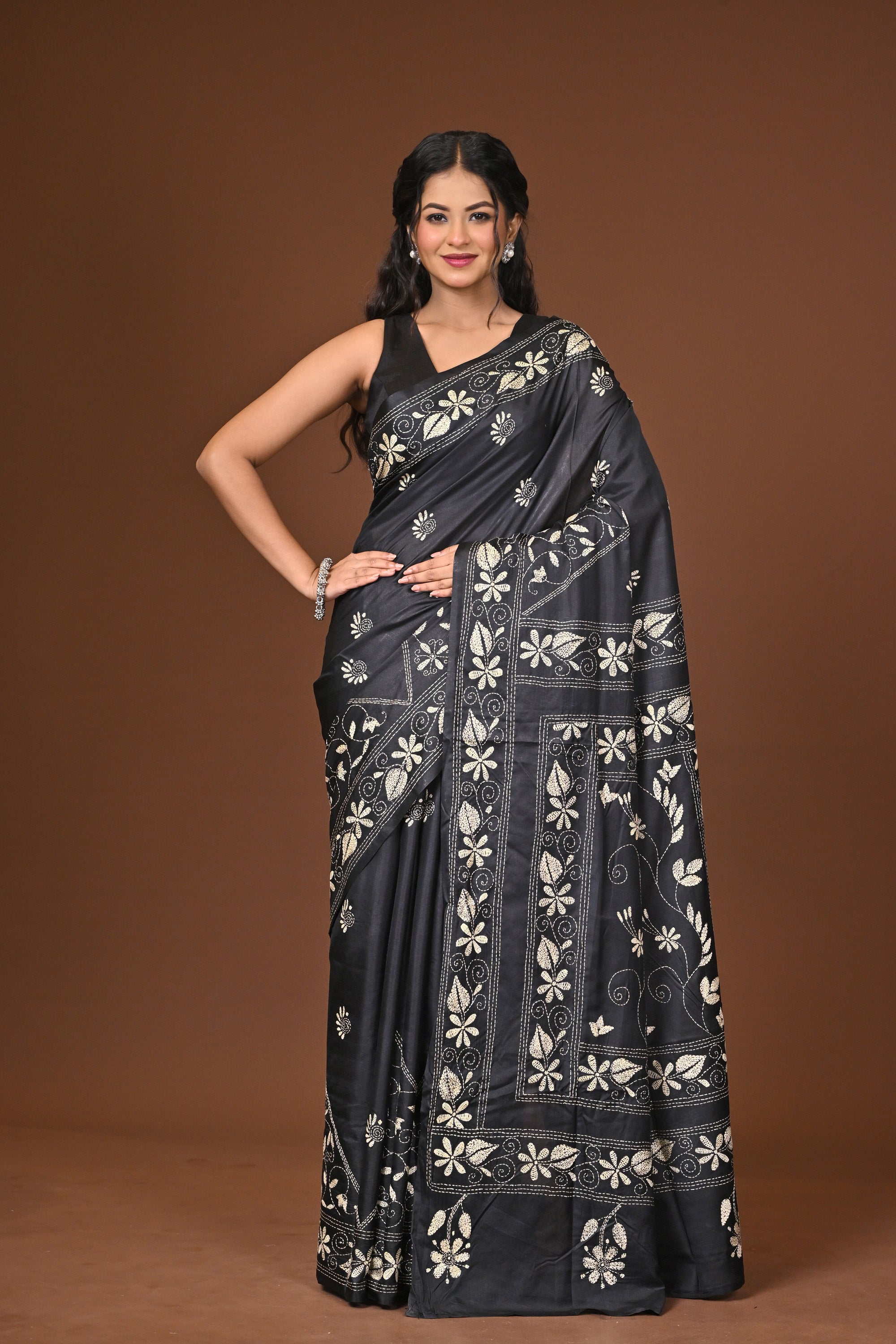 Blended Silk Kantha Stitch Saree Black Thumbnail