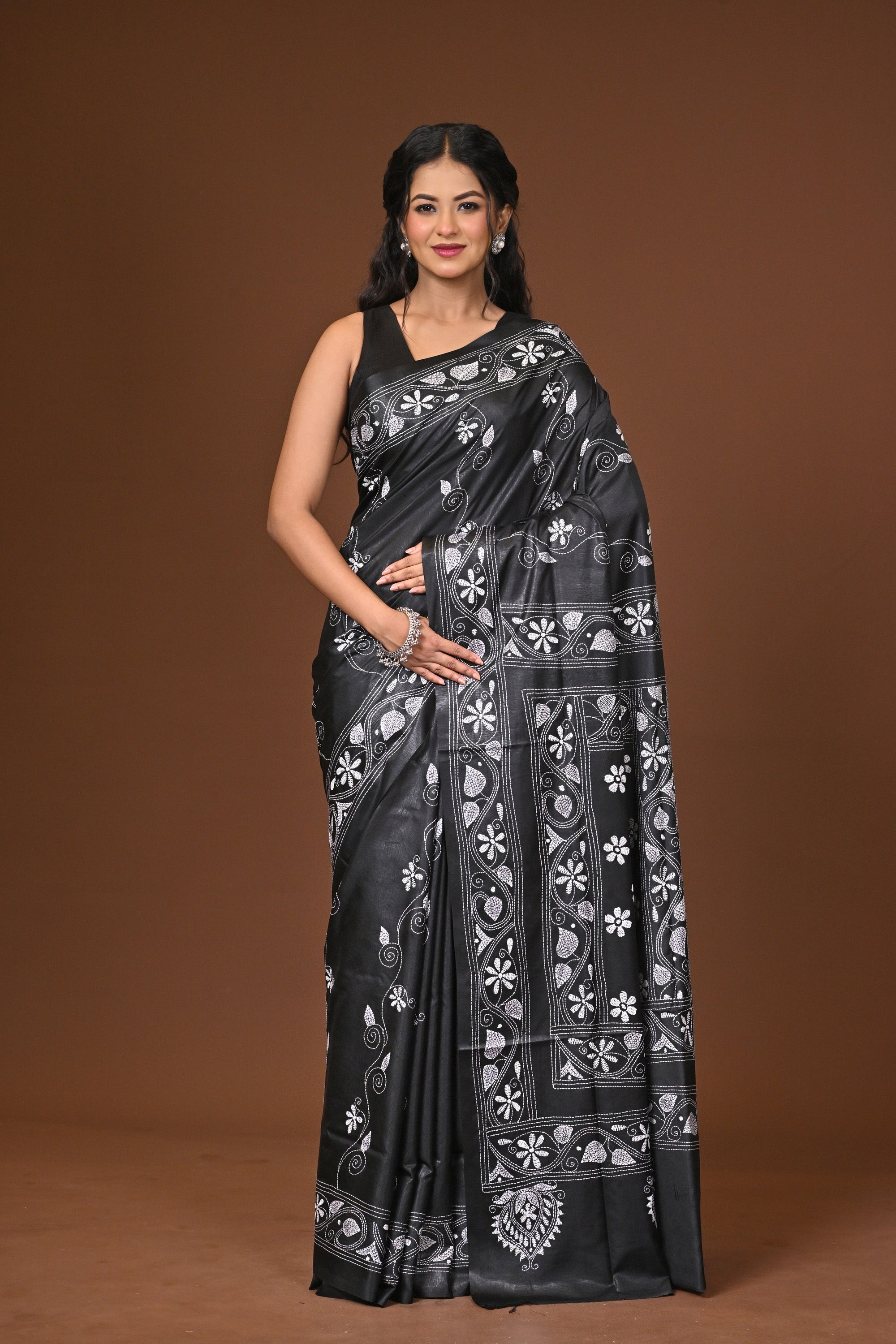 Blended Silk Kantha Stitch Saree Black