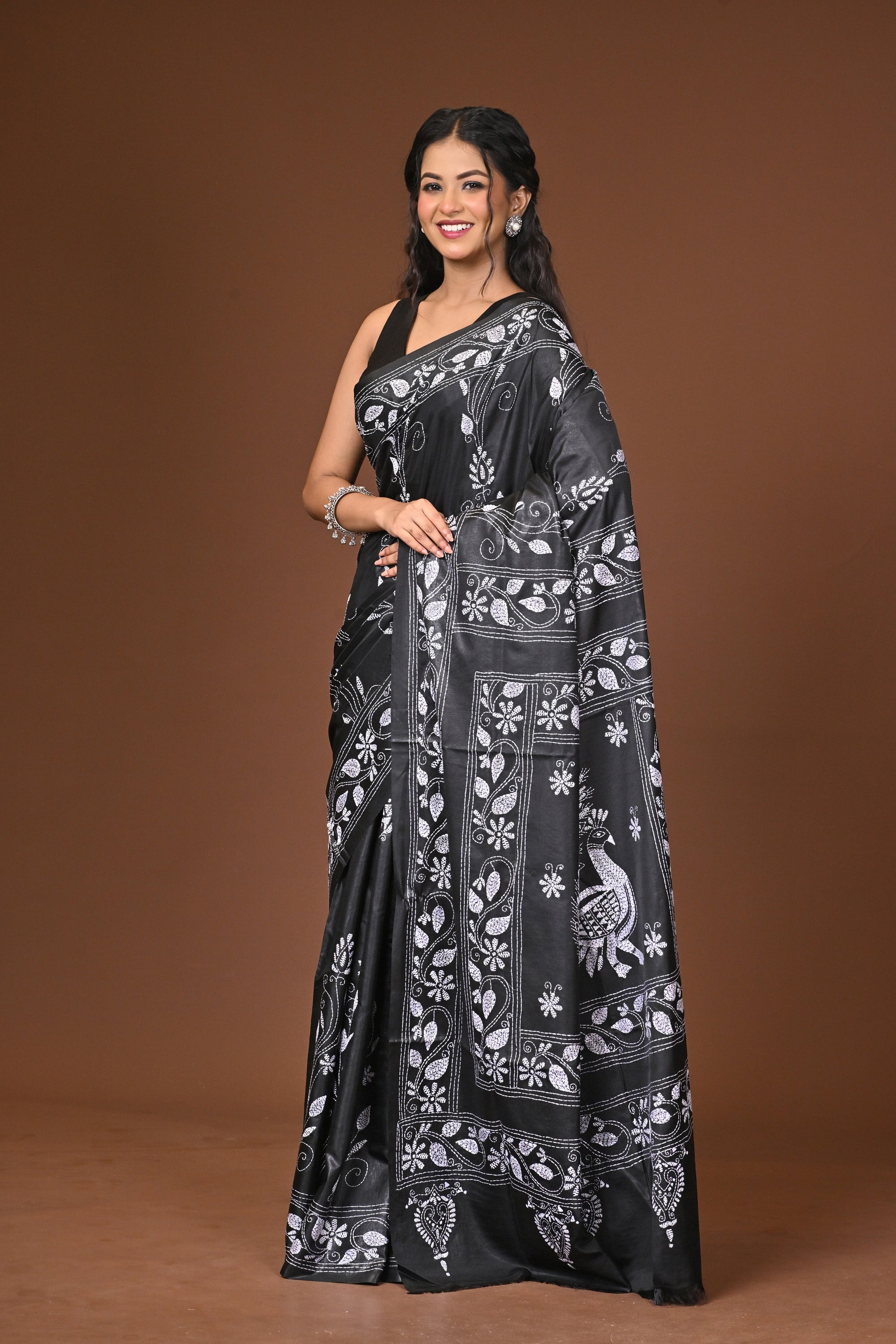 Blended Silk Kantha Stitch Saree Black Thumbnail