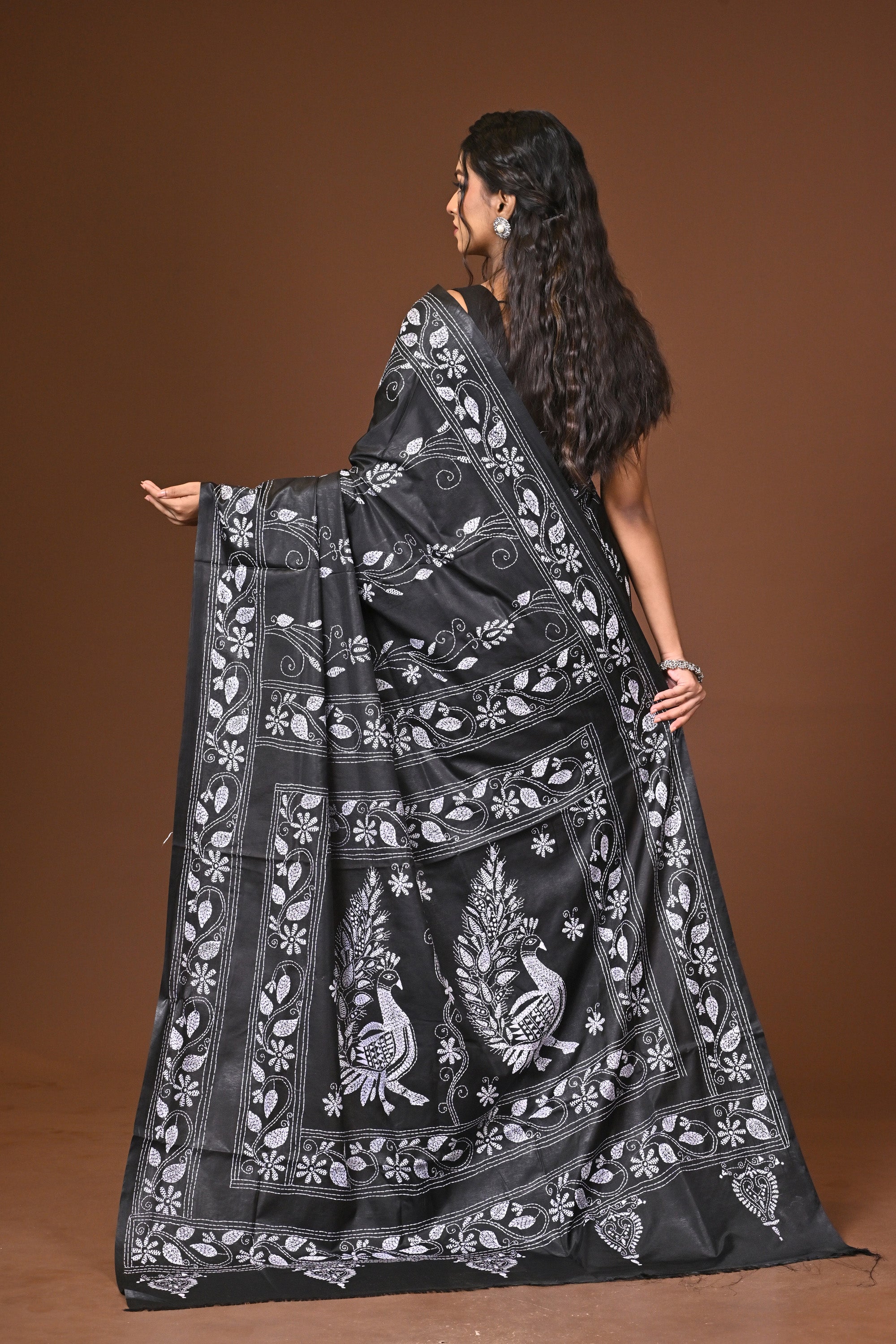 Blended Silk Kantha Stitch Saree Black Thumbnail