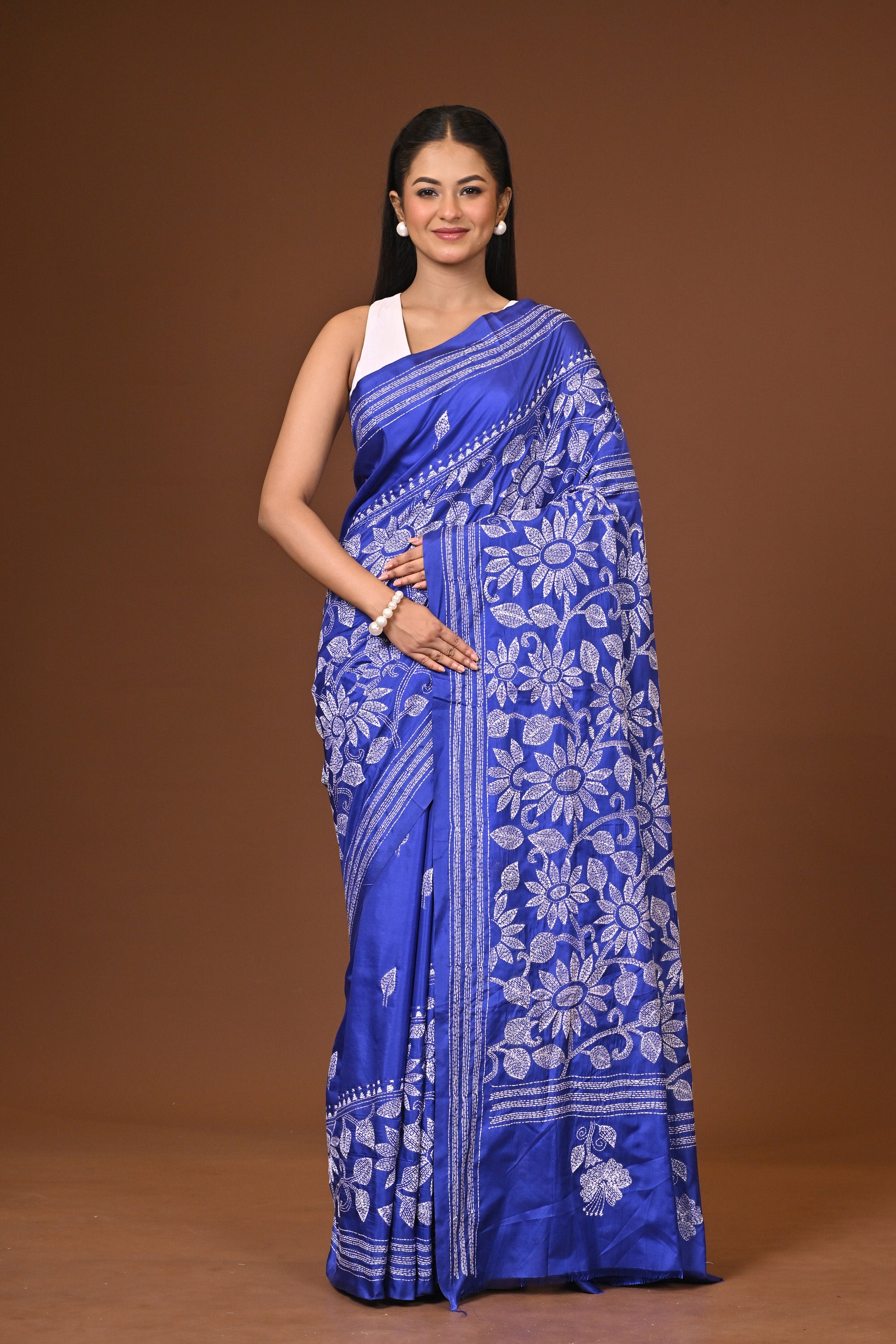 Blended Silk Kantha Stitch Saree Blue