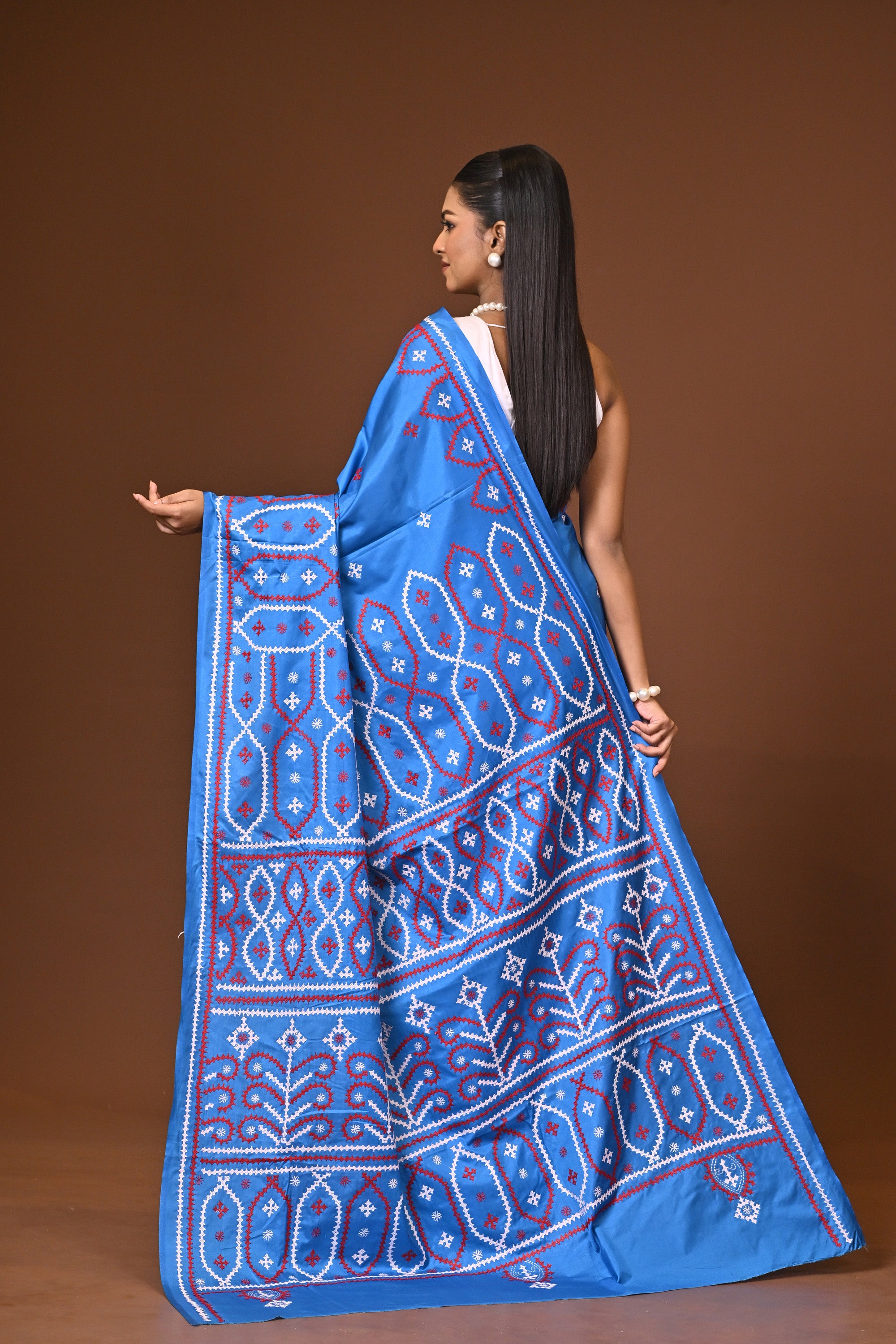Blended Silk Kantha Stitch Saree Blue Thumbnail