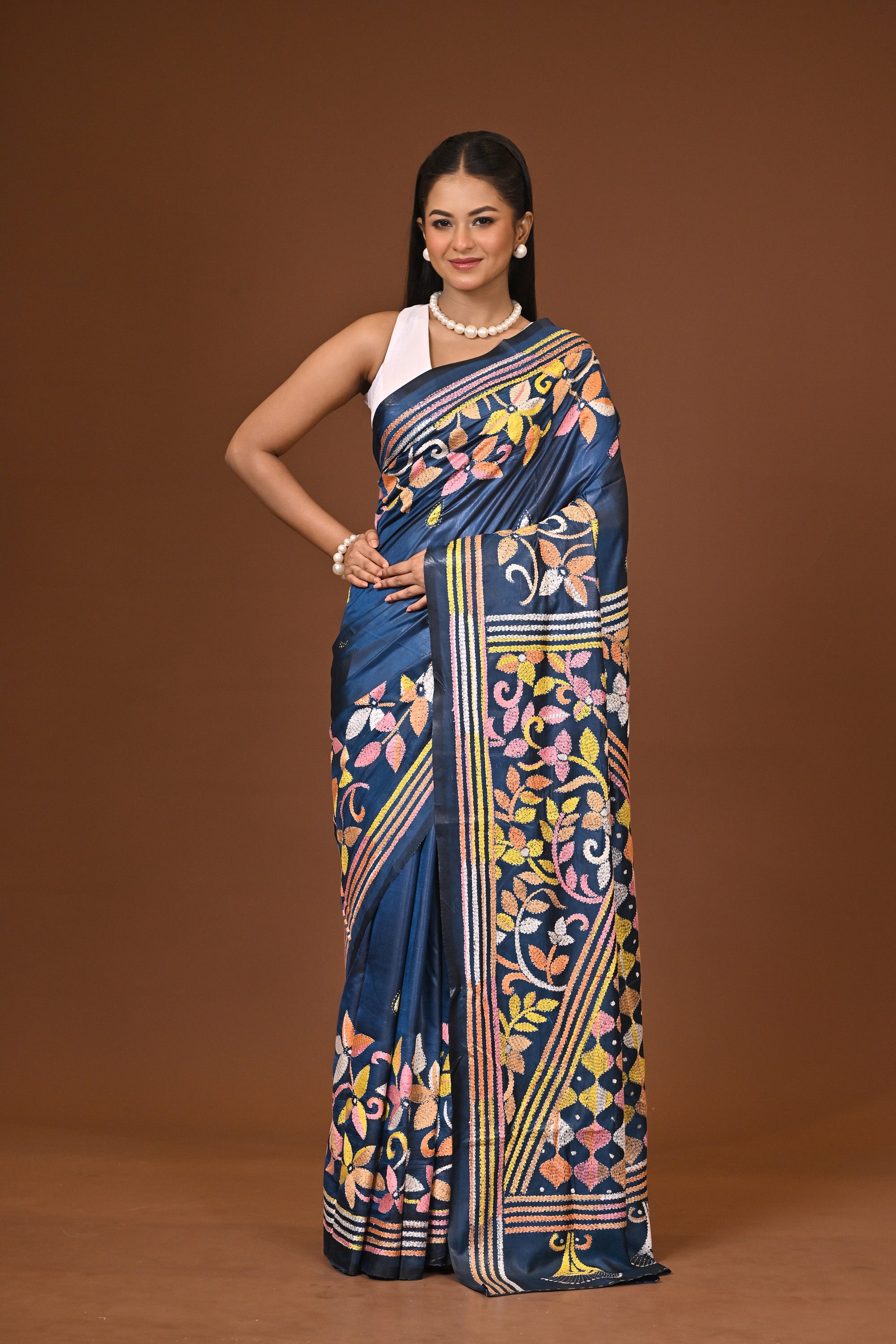 Blended Silk Kantha Stitch Saree Blue Thumbnail