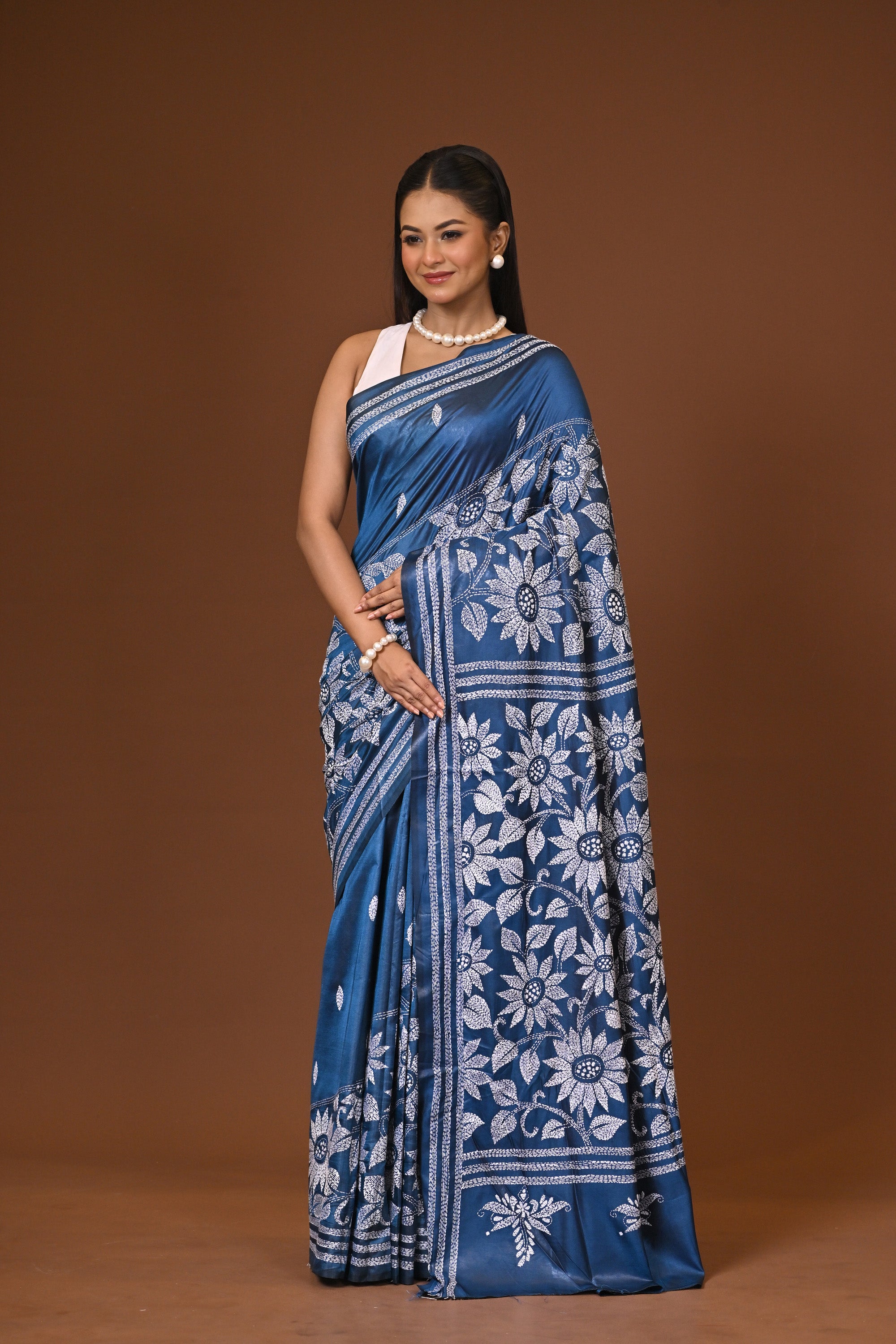Blended Silk Kantha Stitch Saree Blue Thumbnail