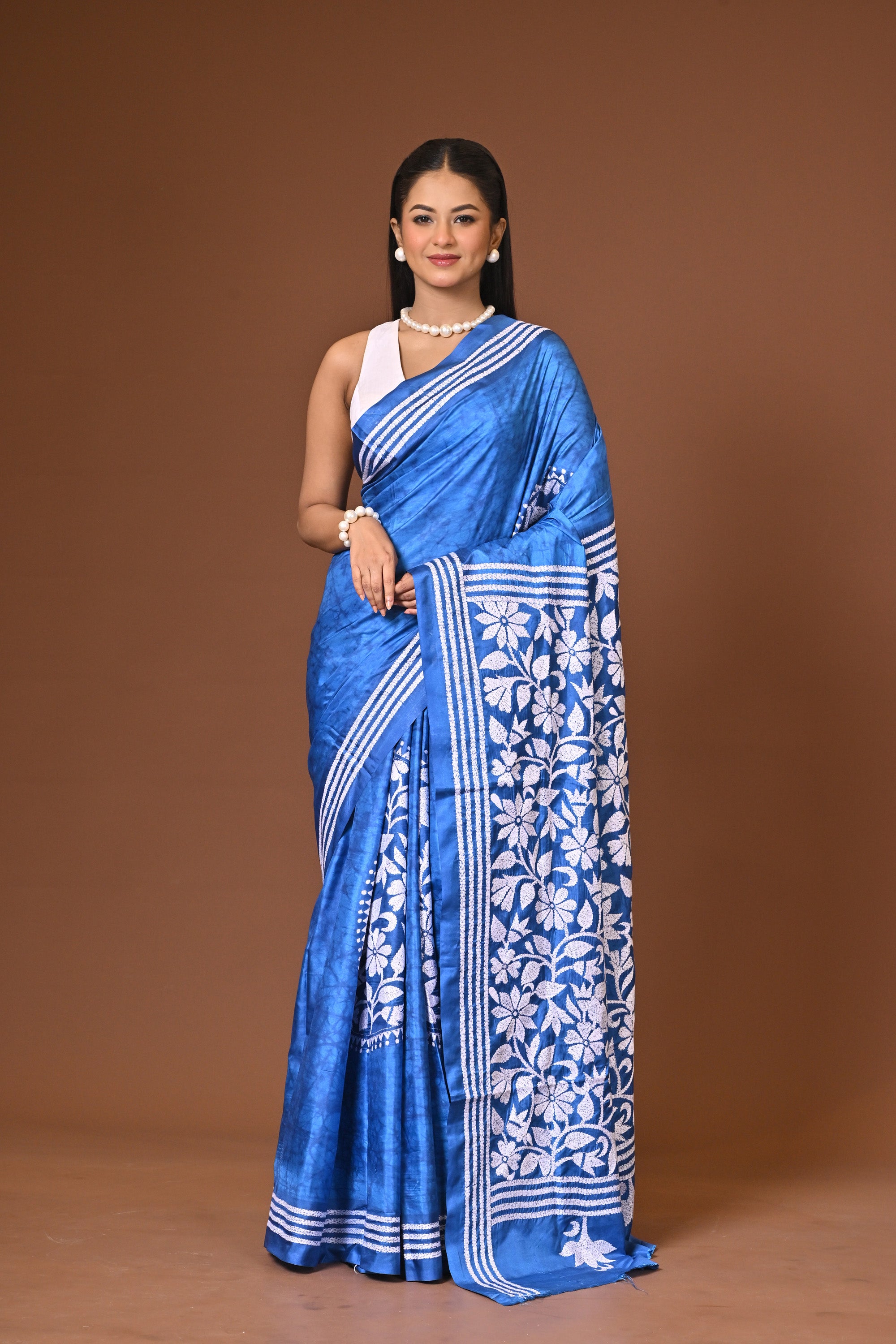 Blended Silk Kantha Stitch Saree Blue