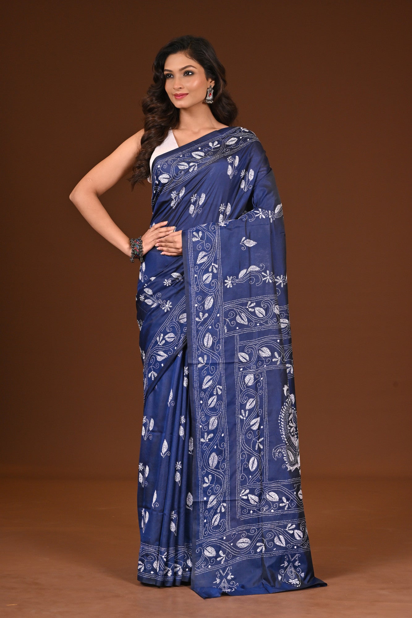 Blended Silk Kantha Stitch Saree Blue Thumbnail
