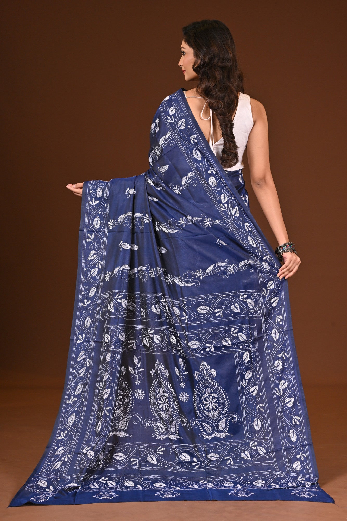 Blended Silk Kantha Stitch Saree Blue Thumbnail