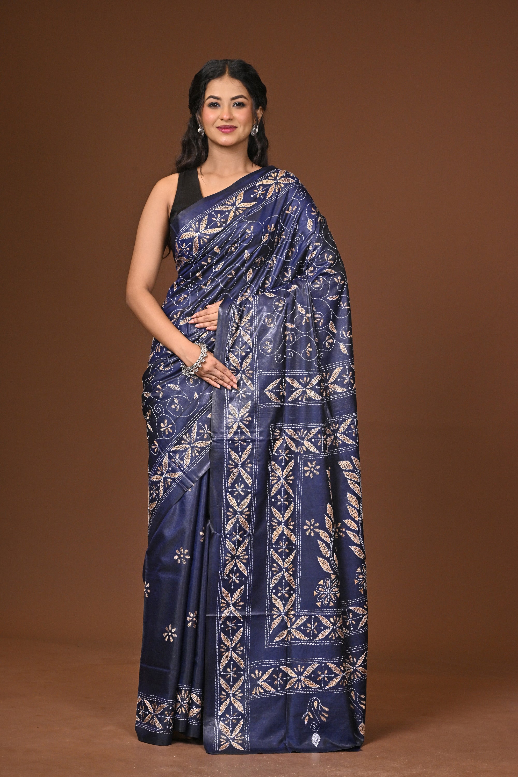 Blended Silk Kantha Stitch Saree Blue