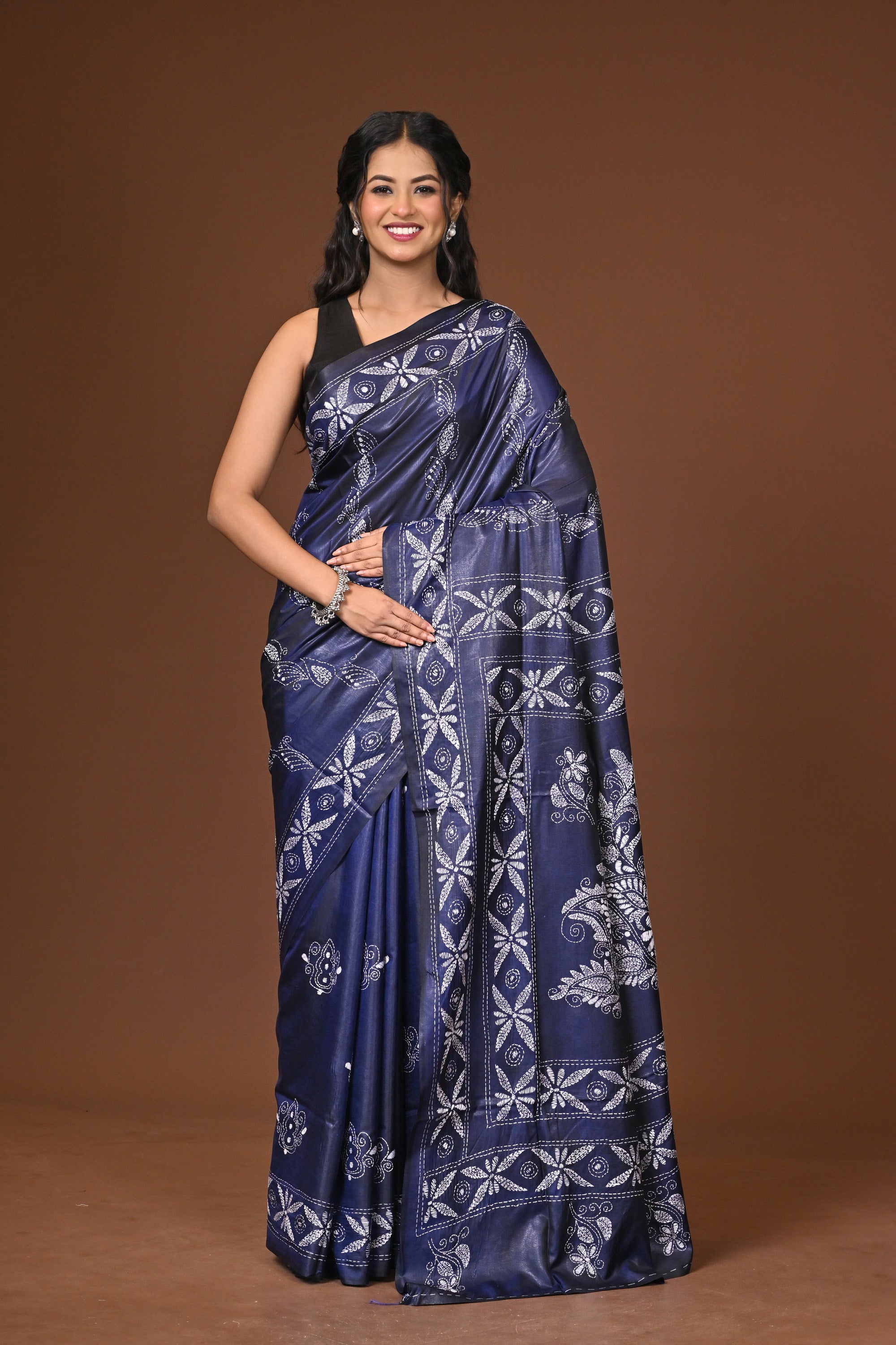 Blended Silk Kantha Stitch Saree Blue