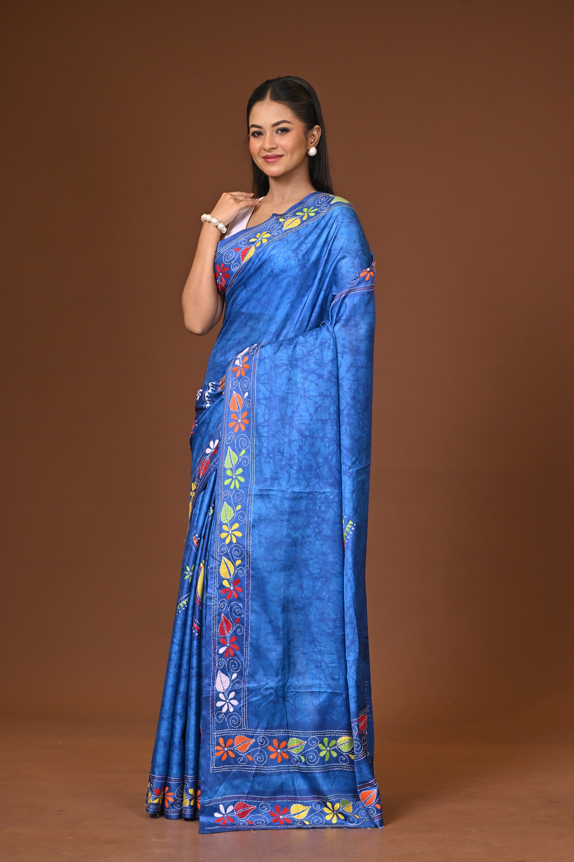 Blended Silk Kantha Stitch Saree Blue Thumbnail