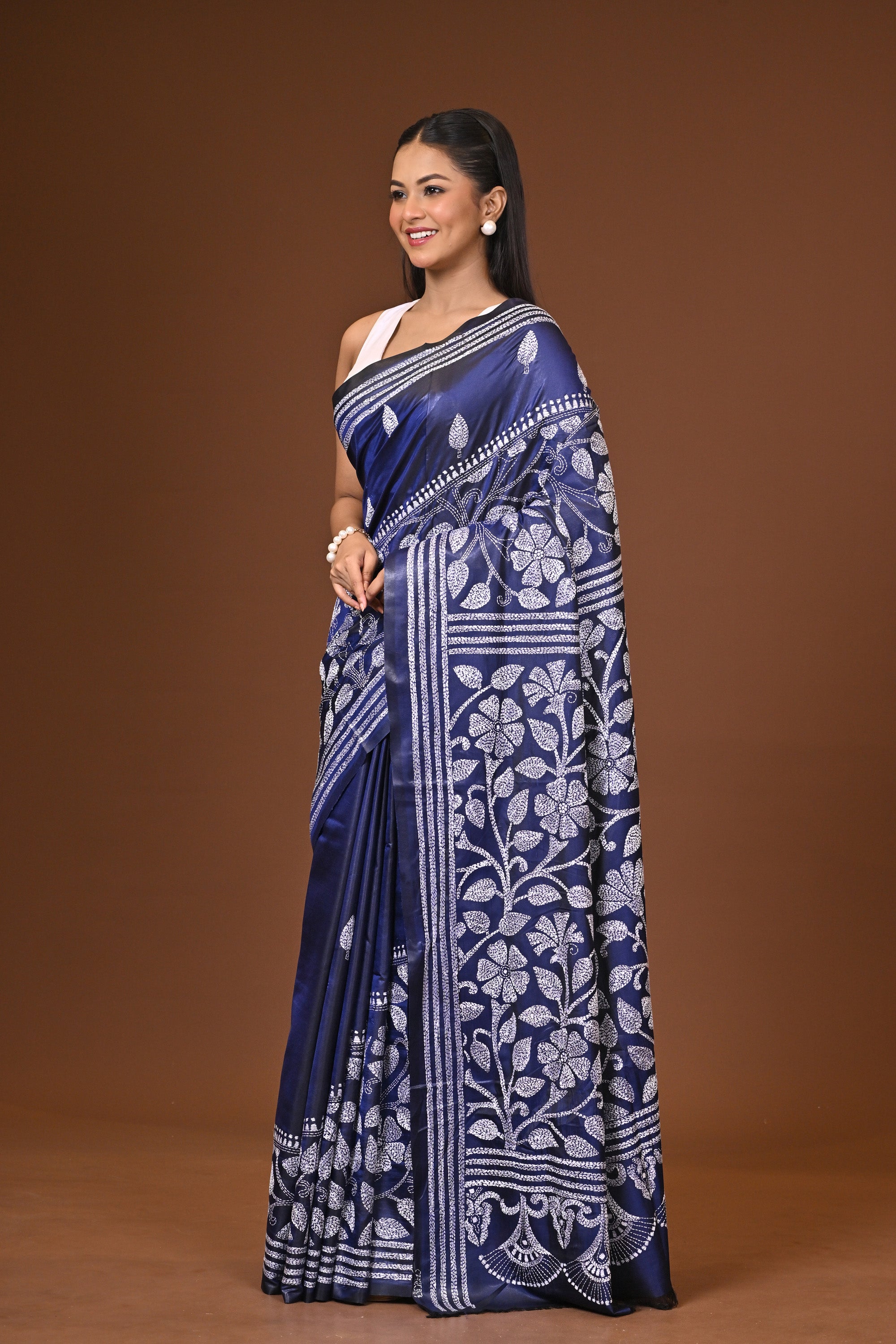 Blended Silk Kantha Stitch Saree Blue Thumbnail