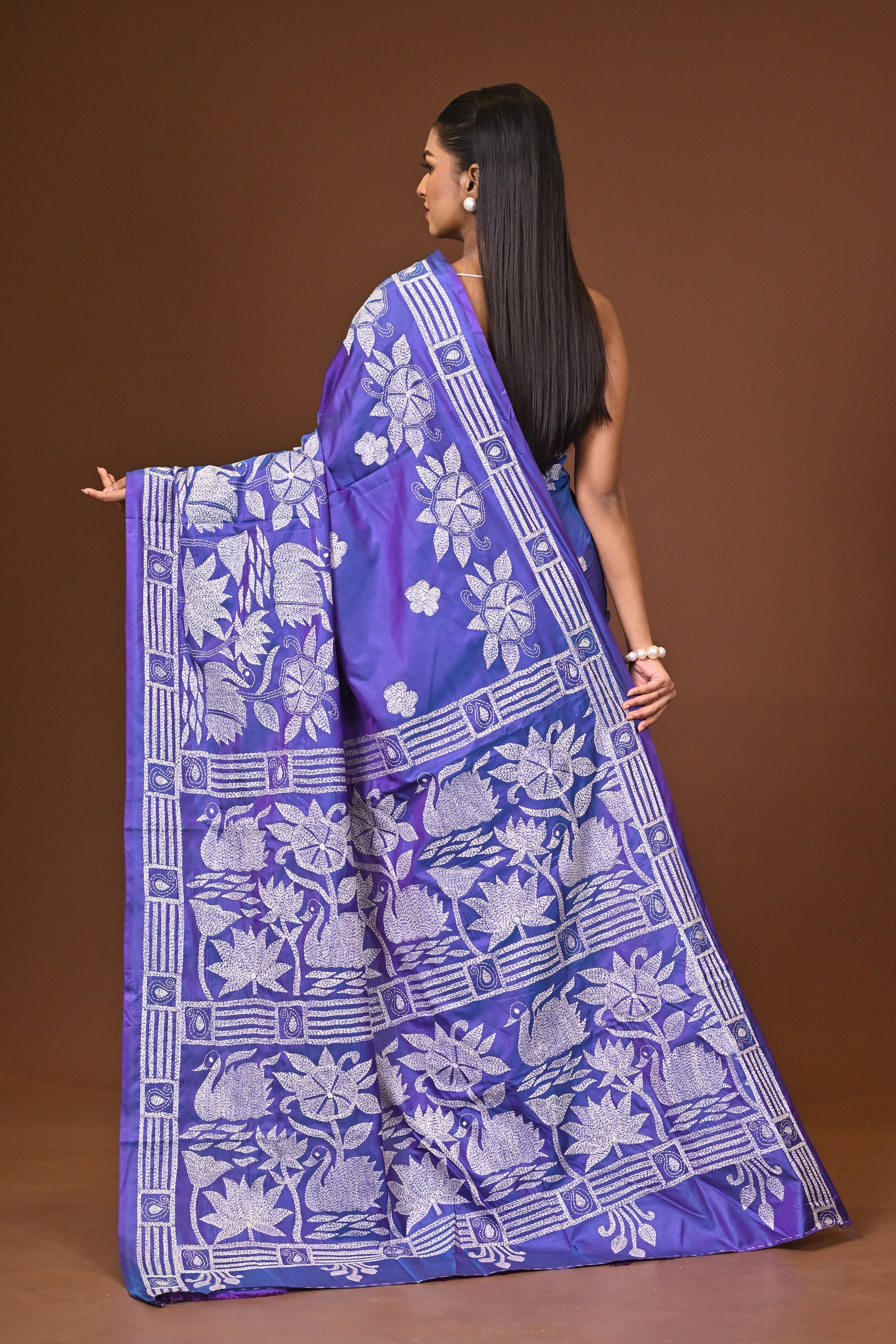 Blended Silk Kantha Stitch Saree Blue Thumbnail