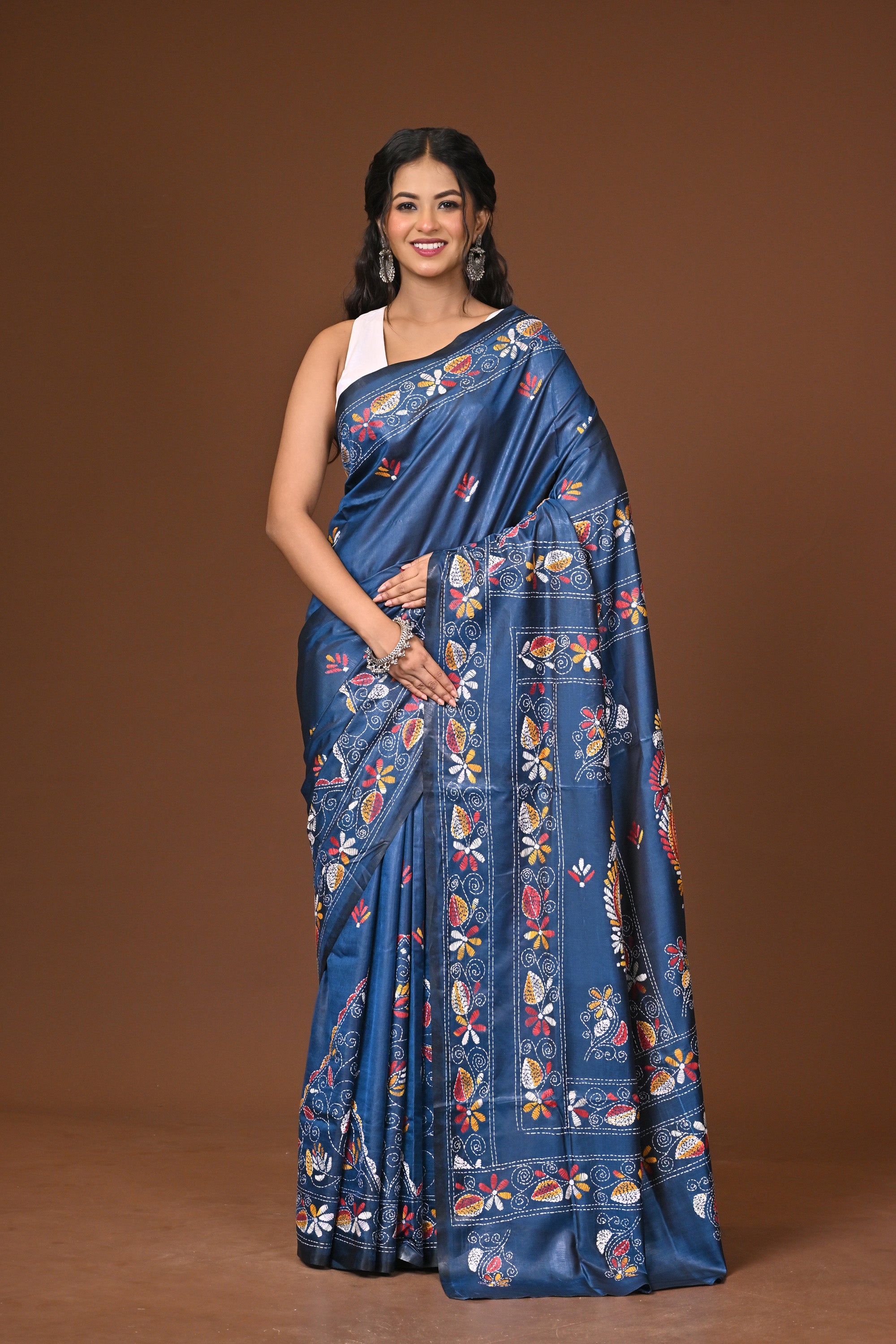 Blended Silk Kantha Stitch Saree Blue