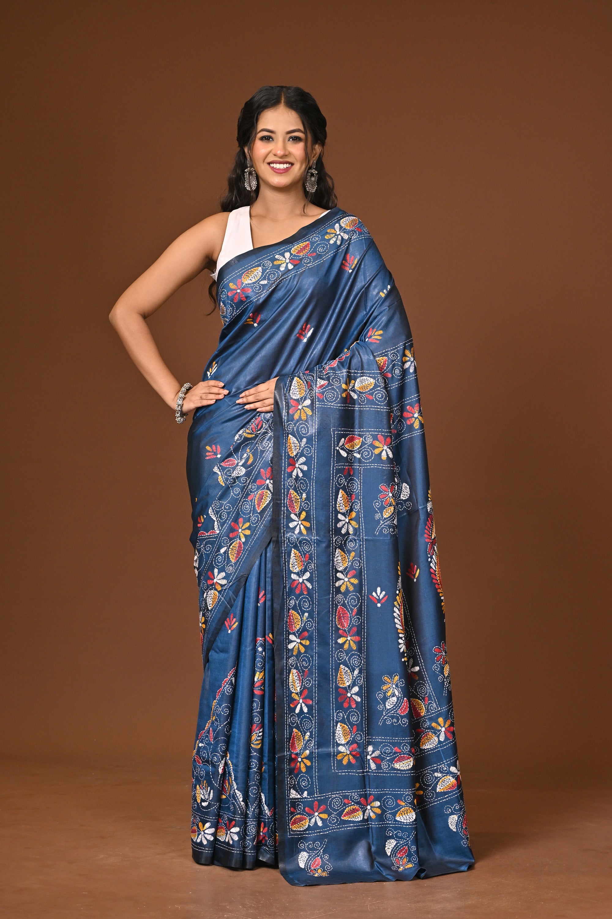 Blended Silk Kantha Stitch Saree Blue Thumbnail