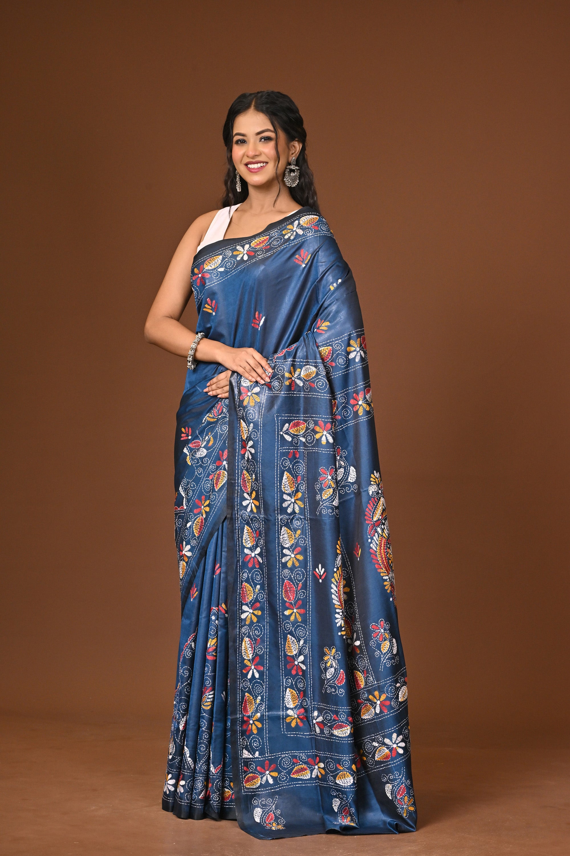 Blended Silk Kantha Stitch Saree Blue Thumbnail