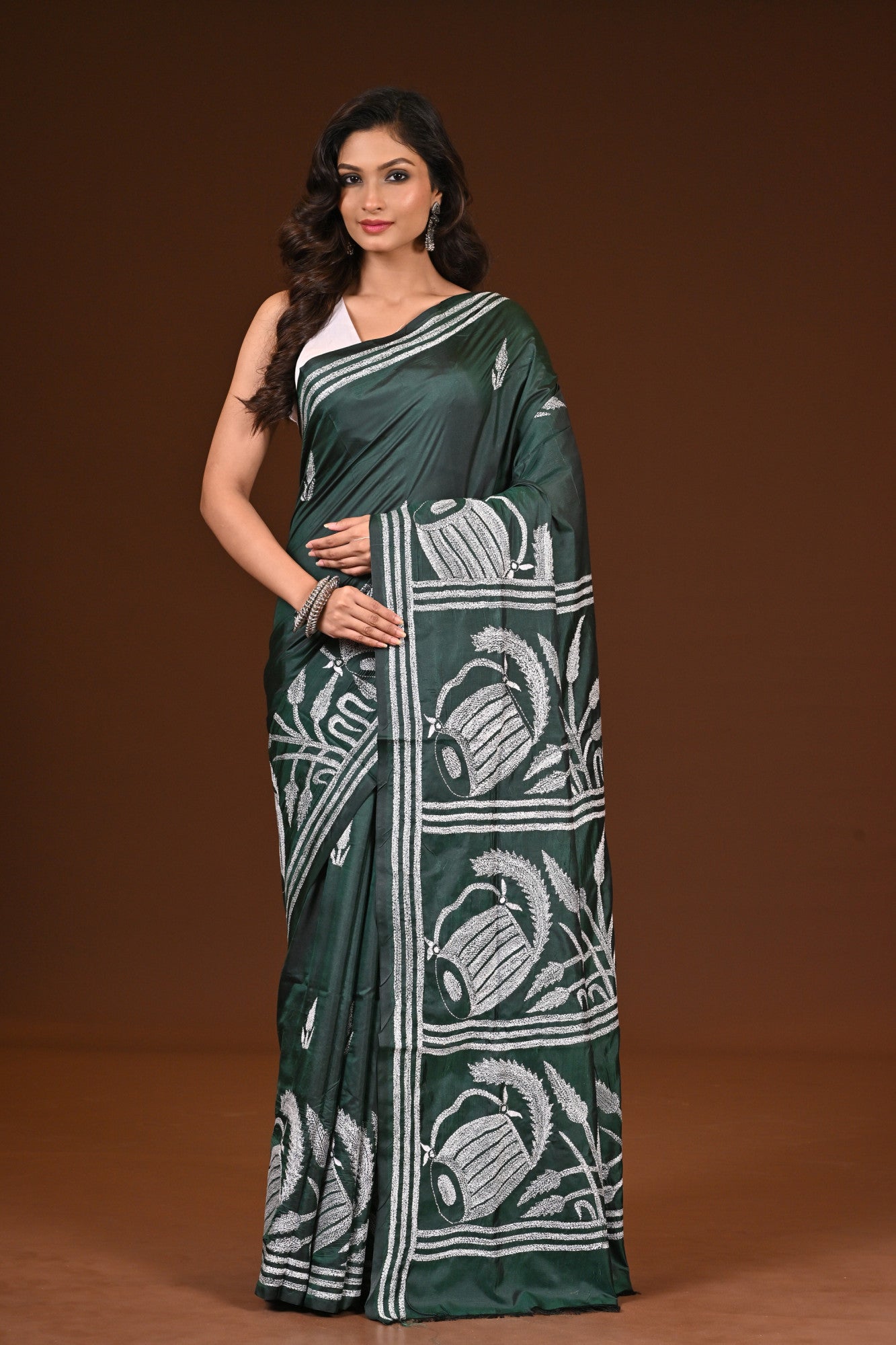 Blended Silk Kantha Stitch Saree Bottle Green