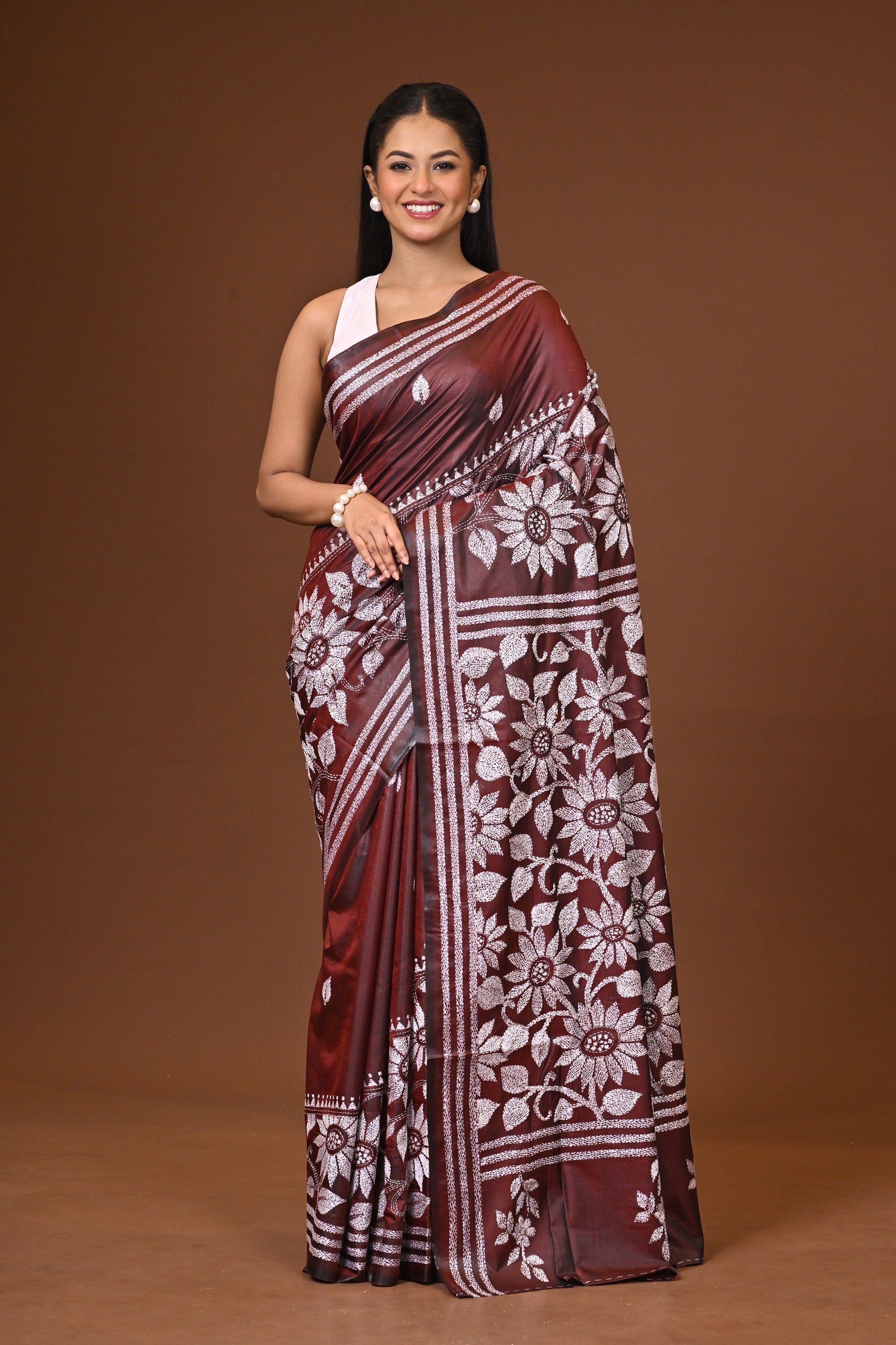 Blended Silk Kantha Stitch Saree Brown Thumbnail