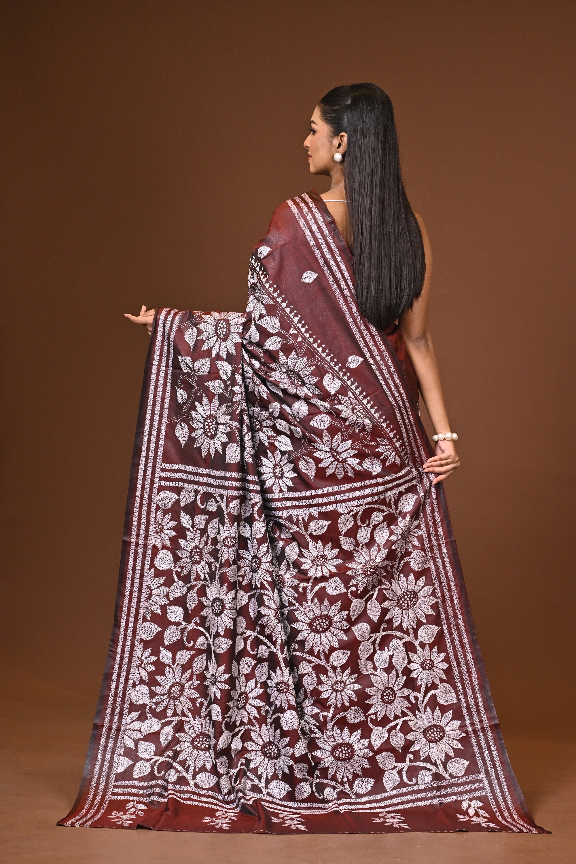 Blended Silk Kantha Stitch Saree Brown Thumbnail