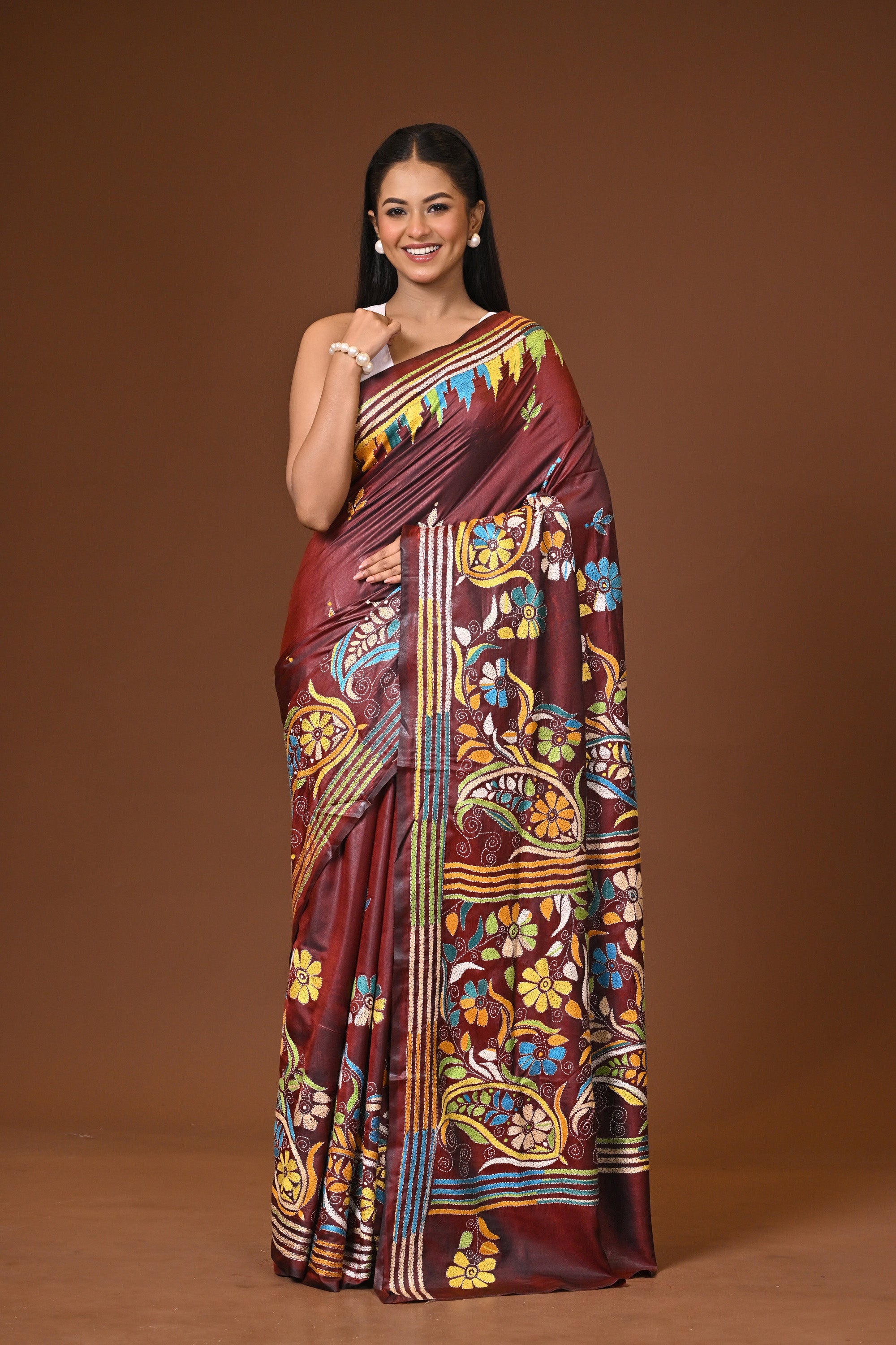 Blended Silk Kantha Stitch Saree  Sea Blue