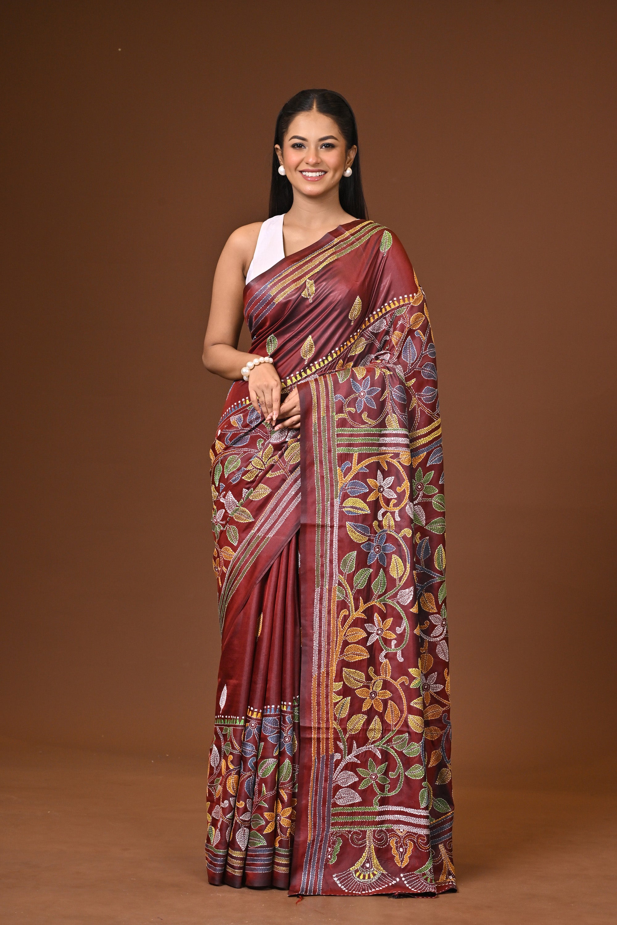 Blended Silk Kantha Stitch Saree Black