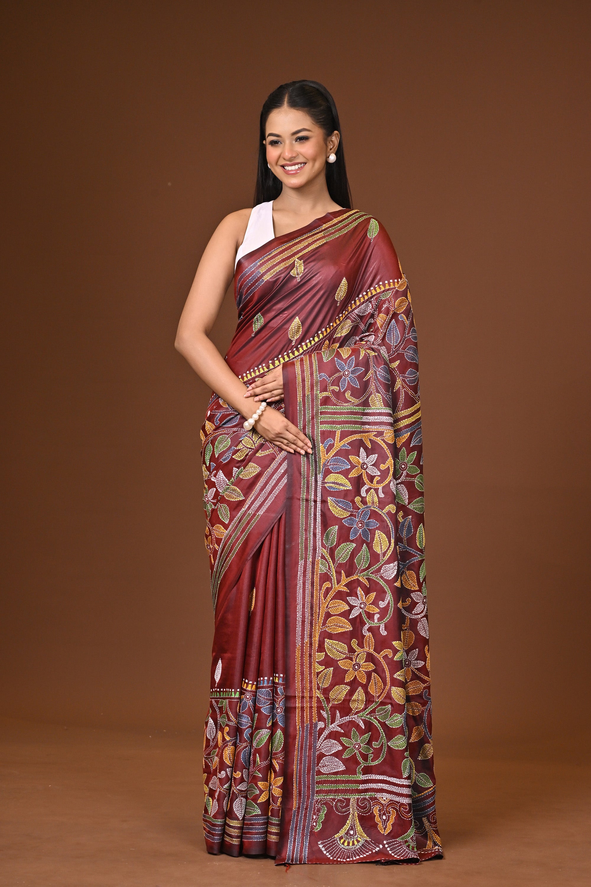Blended Silk Kantha Stitch Saree Sea Blue
