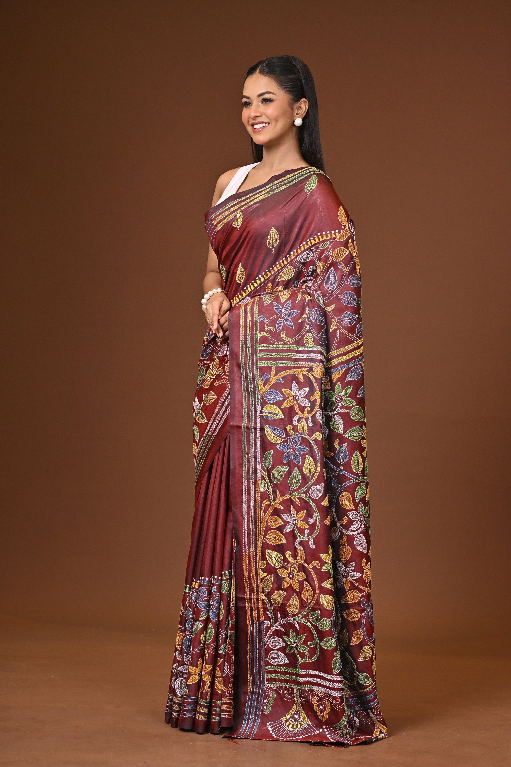Blended Silk Kantha Stitch Saree Purple
