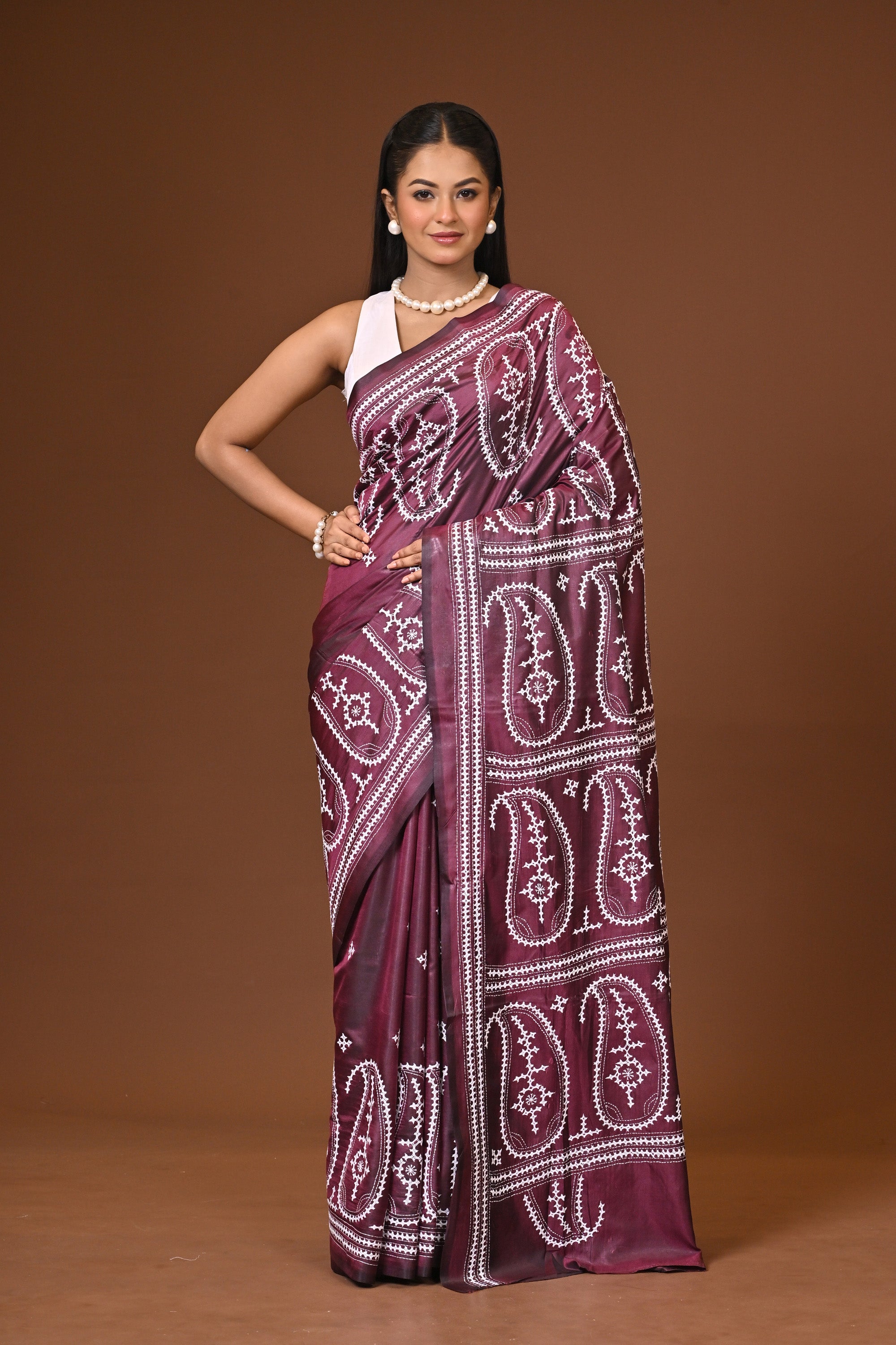 Blended Silk Kantha Stitch Saree Brown Thumbnail
